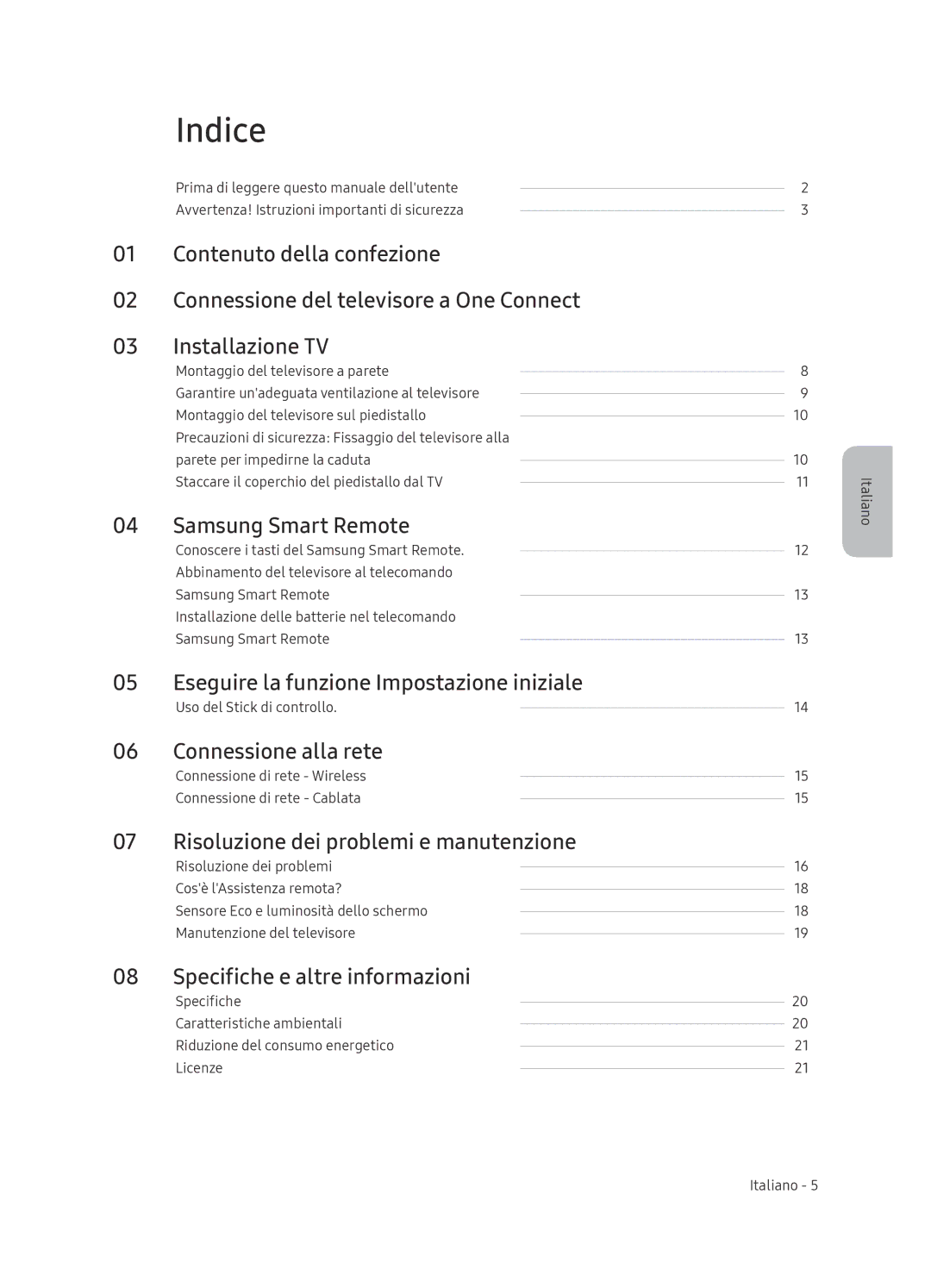 Samsung QE65Q9FNATXXH, QE55Q9FNATXXH manual Indice, Eseguire la funzione Impostazione iniziale, Connessione alla rete 