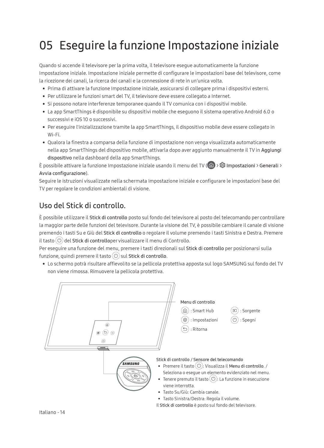 Samsung QE55Q9FNATXXH, QE65Q9FNATXXH manual Eseguire la funzione Impostazione iniziale, Uso del Stick di controllo 