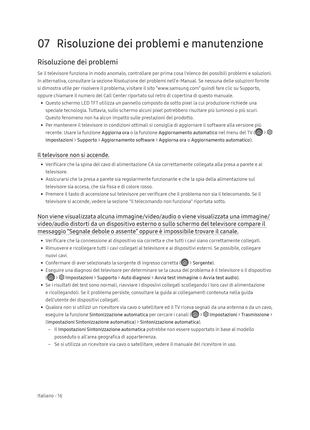 Samsung QE55Q9FNATXXH, QE65Q9FNATXXH manual Risoluzione dei problemi e manutenzione, Il televisore non si accende 