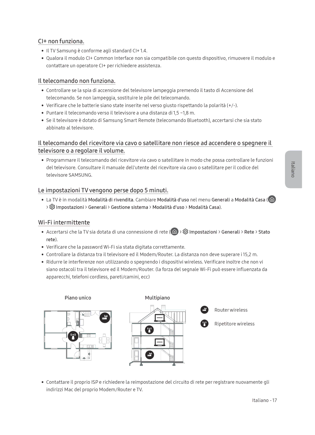 Samsung QE65Q9FNATXXH manual CI+ non funziona, Il telecomando non funziona, Le impostazioni TV vengono perse dopo 5 minuti 