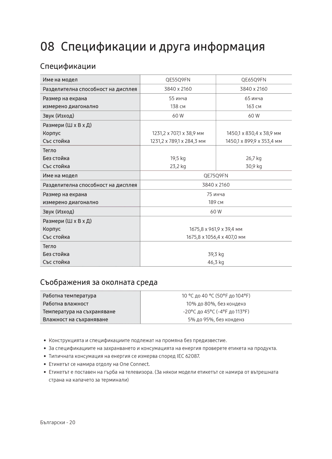 Samsung QE55Q9FNATXXH, QE75Q9FNATXXH, QE65Q9FNATXXH manual 08 Спецификации и друга информация, Съображения за околната среда 