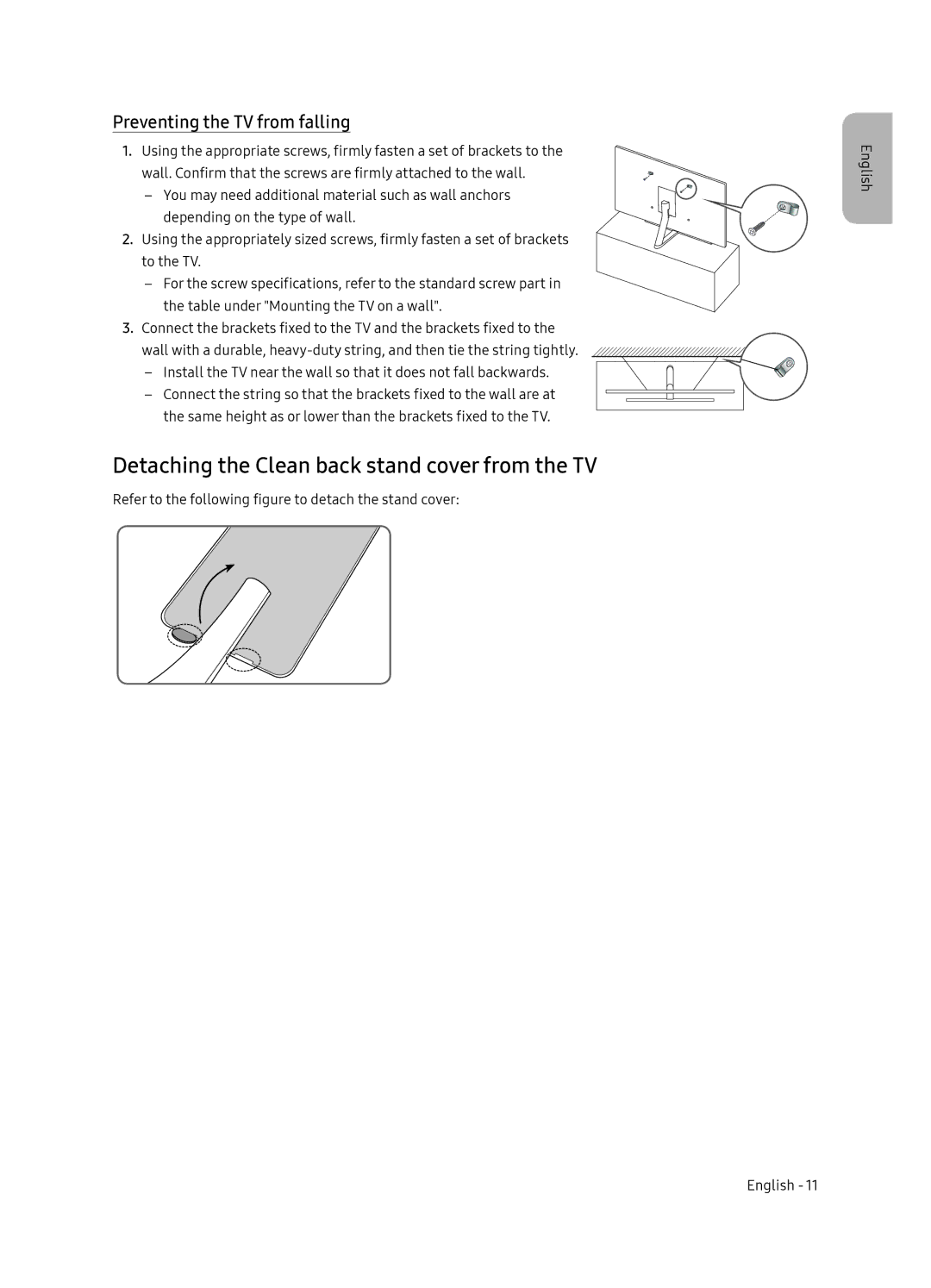 Samsung QE65Q9FNATXXH, QE55Q9FNATXXH manual Detaching the Clean back stand cover from the TV, Preventing the TV from falling 