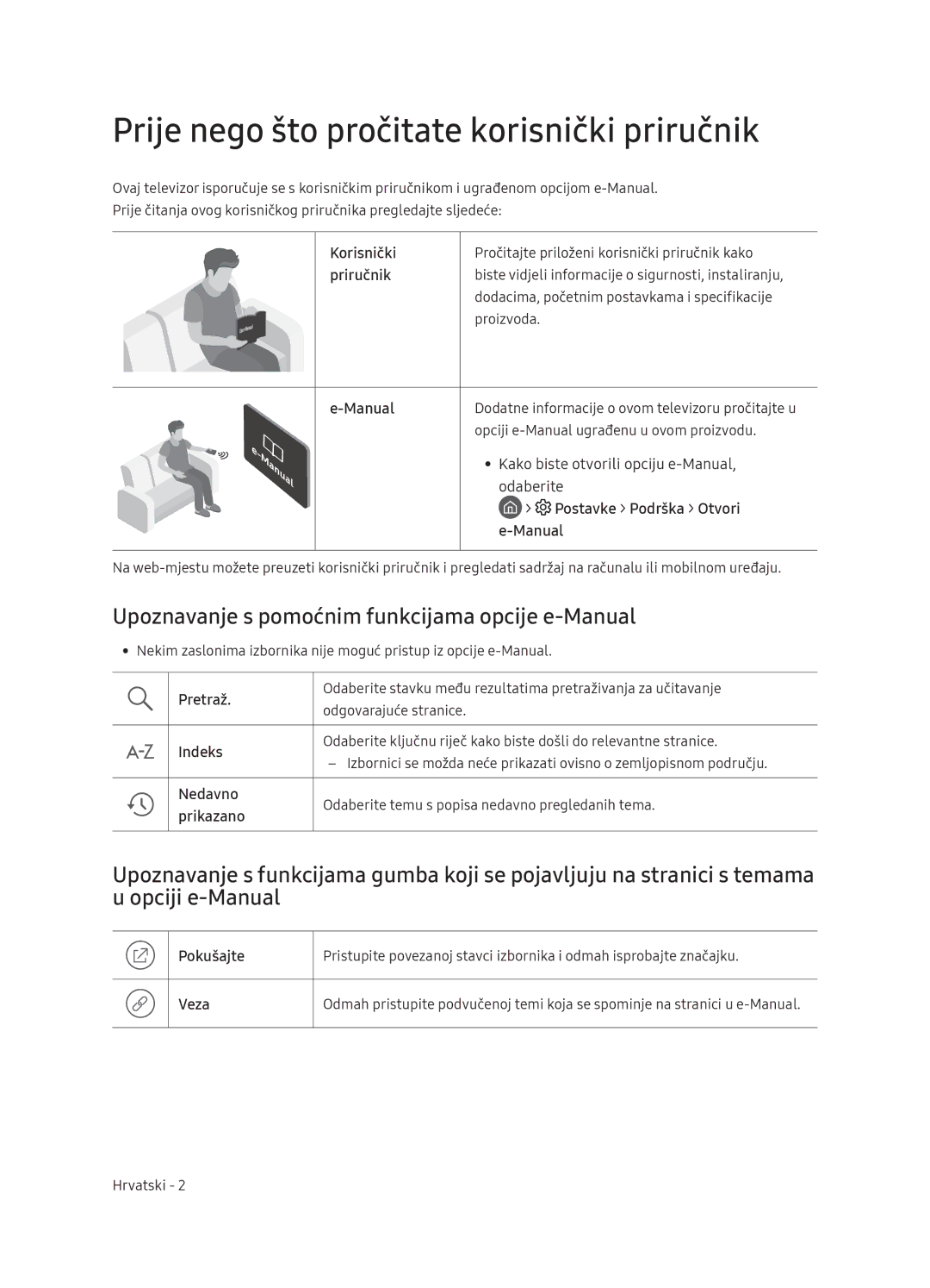 Samsung QE75Q9FNATXXH Prije nego što pročitate korisnički priručnik, Upoznavanje s pomoćnim funkcijama opcije e-Manual 