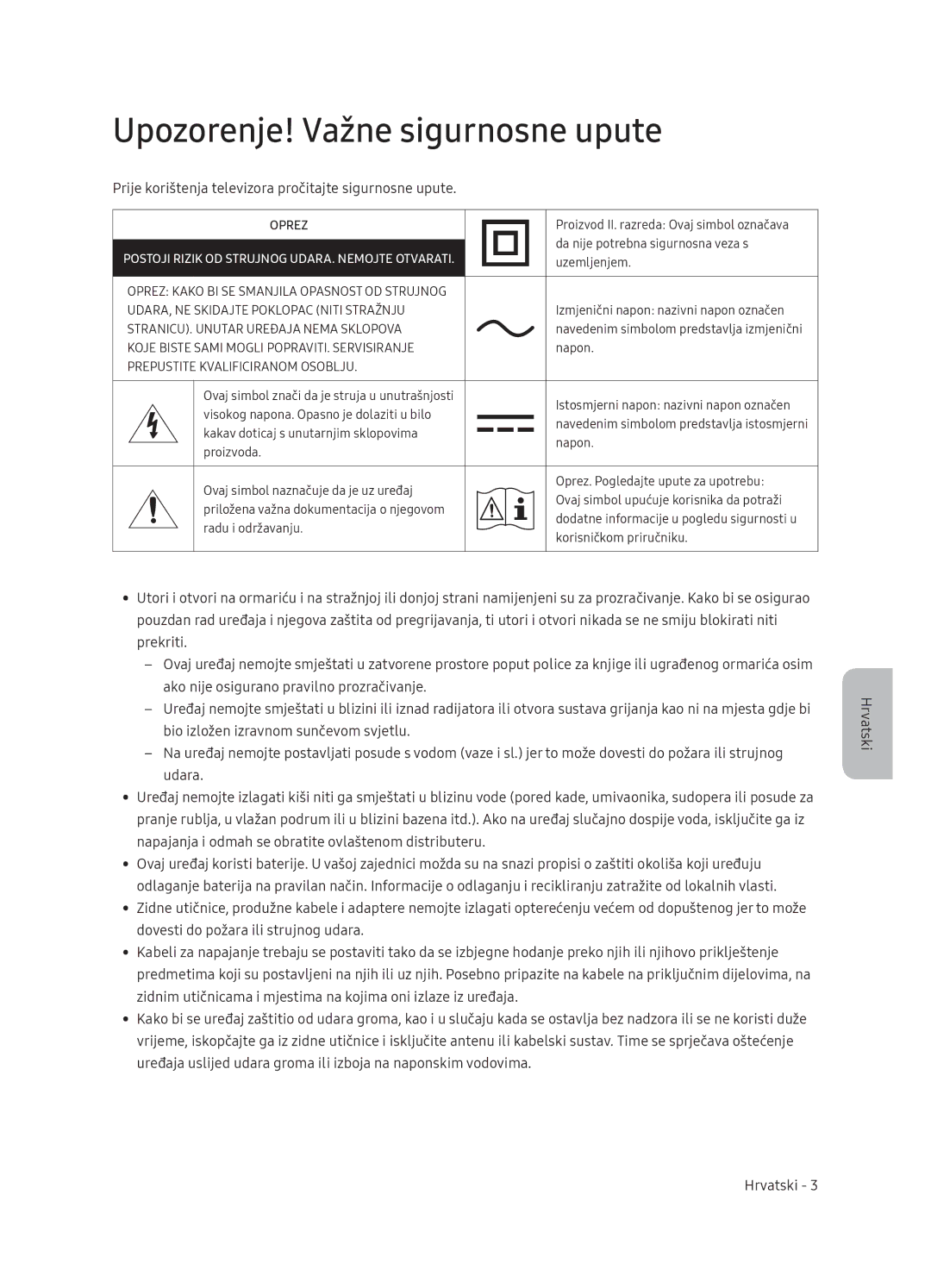 Samsung QE65Q9FNATXXH manual Upozorenje! Važne sigurnosne upute, Prije korištenja televizora pročitajte sigurnosne upute 