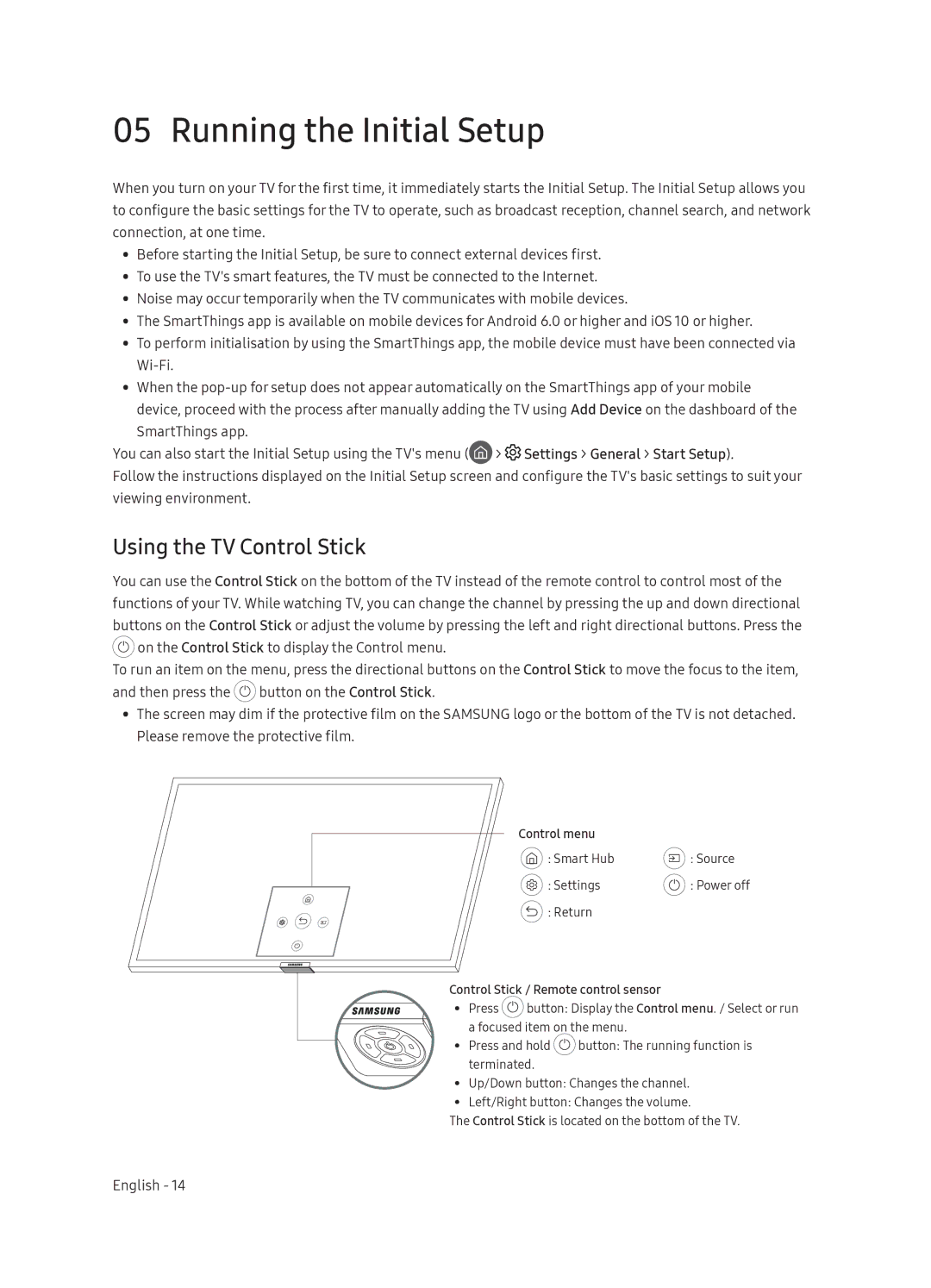 Samsung QE65Q9FNATXXH, QE55Q9FNATXXH, QE75Q9FNATXXH Running the Initial Setup, Using the TV Control Stick, Control menu 