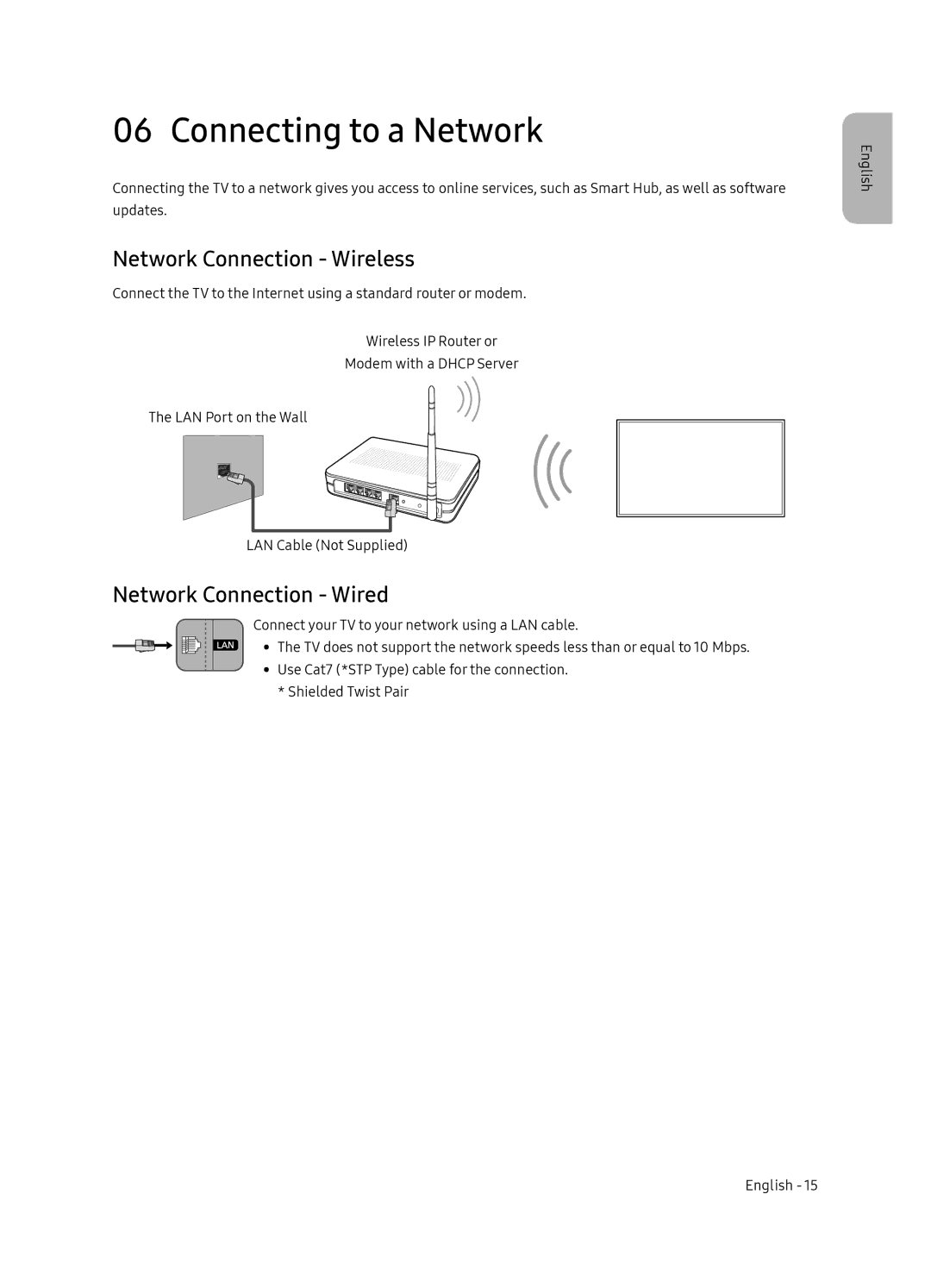 Samsung QE55Q9FNATXXH, QE75Q9FNATXXH manual Connecting to a Network, Network Connection Wireless, Network Connection Wired 