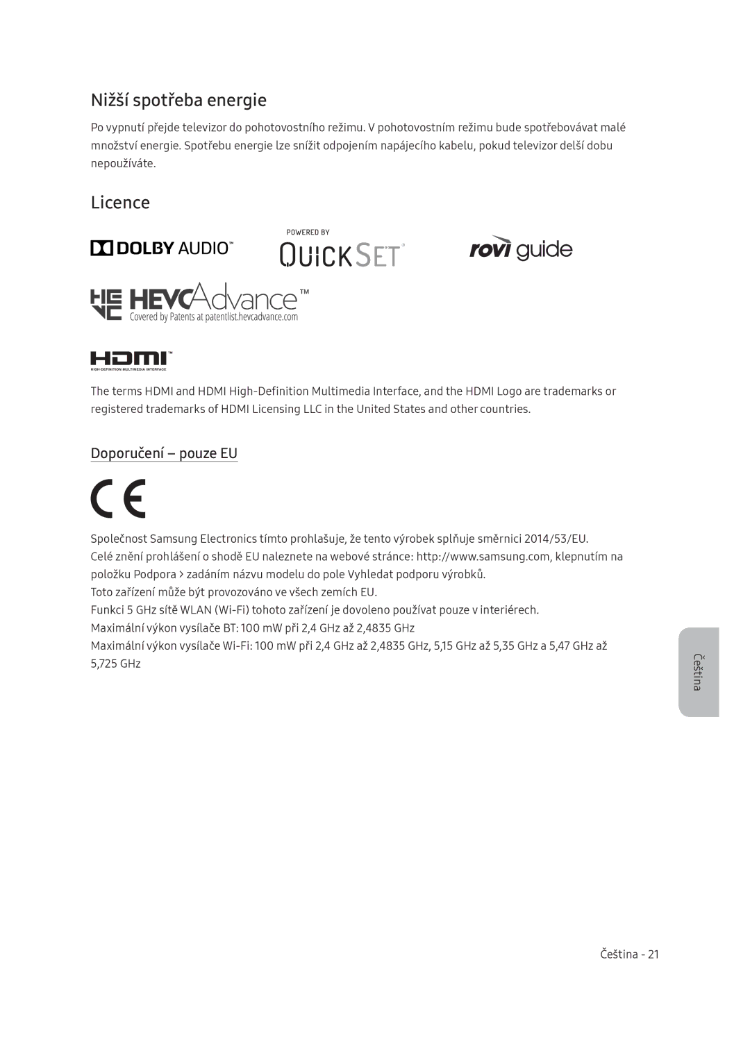 Samsung QE55Q9FNATXXH, QE75Q9FNATXXH, QE65Q9FNATXXH manual Nižší spotřeba energie, Doporučení pouze EU 