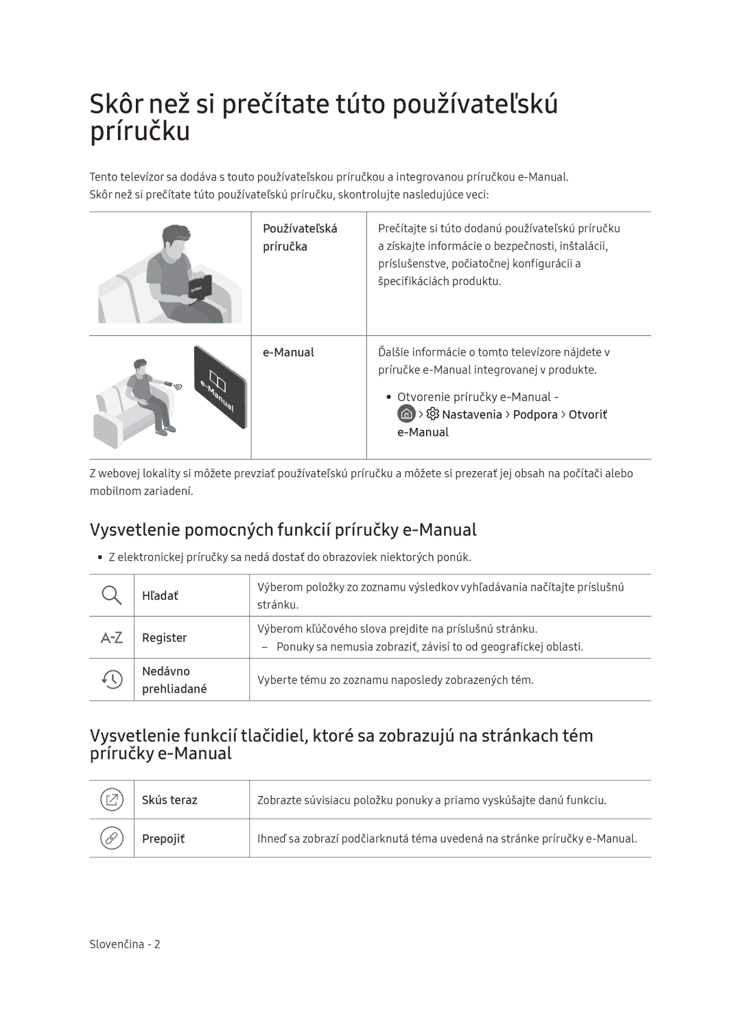 Samsung QE55Q9FNATXXH Skôr než si prečítate túto používateľskú príručku, Vysvetlenie pomocných funkcií príručky e-Manual 