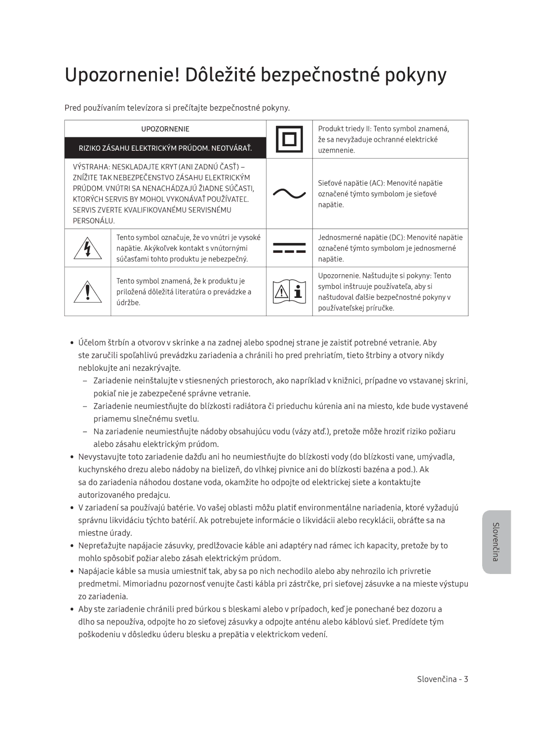 Samsung QE75Q9FNATXXH, QE55Q9FNATXXH, QE65Q9FNATXXH manual Upozornenie! Dôležité bezpečnostné pokyny 