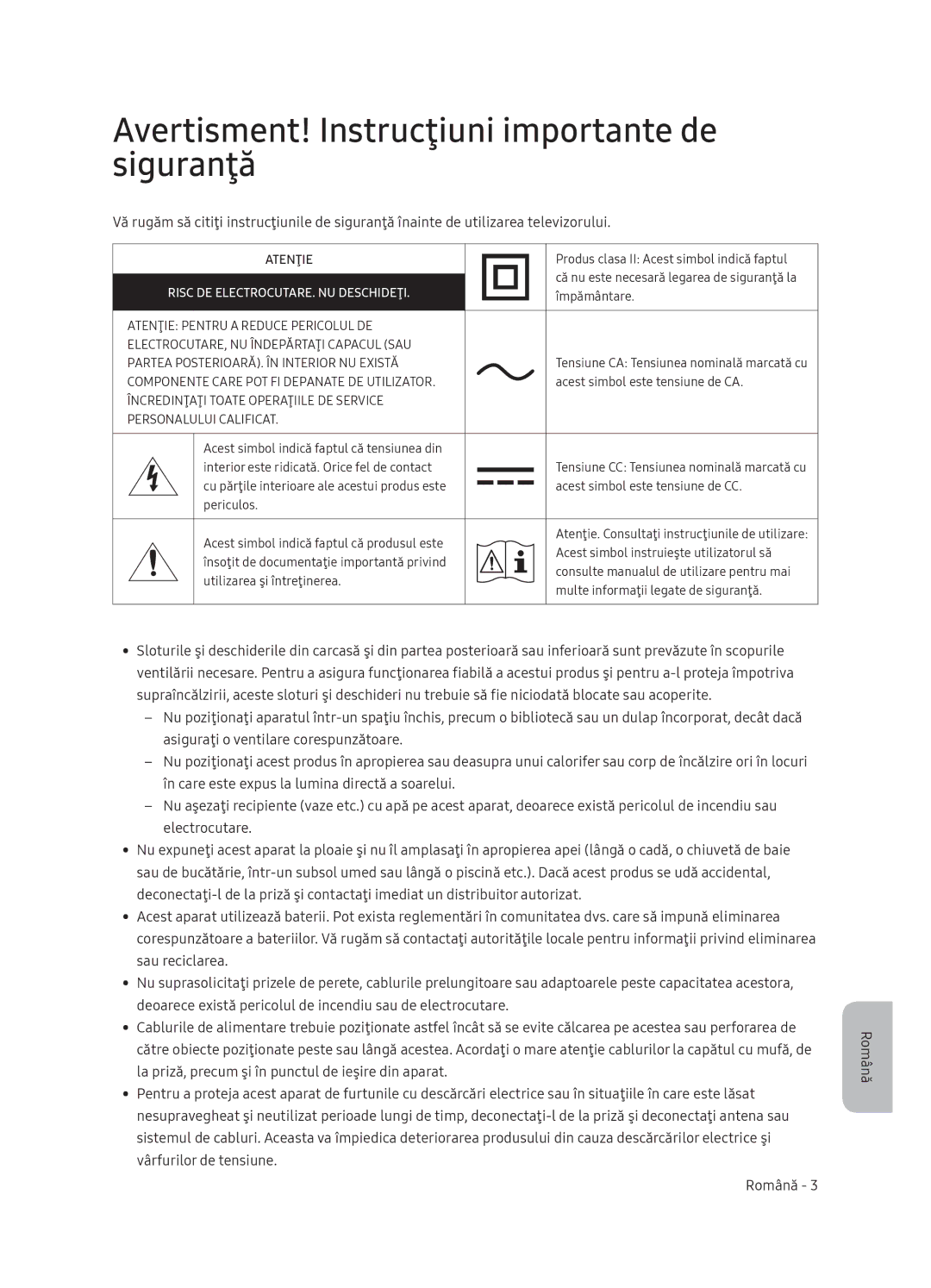 Samsung QE65Q9FNATXXH manual Avertisment! Instrucţiuni importante de siguranţă, Risc DE ELECTROCUTARE. NU Deschideţi 