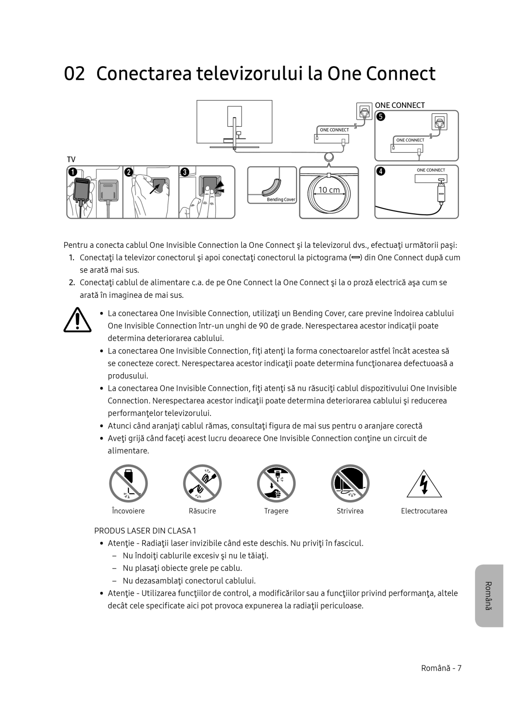 Samsung QE55Q9FNATXXH, QE75Q9FNATXXH, QE65Q9FNATXXH manual Conectarea televizorului la One Connect, Produs Laser DIN Clasa 