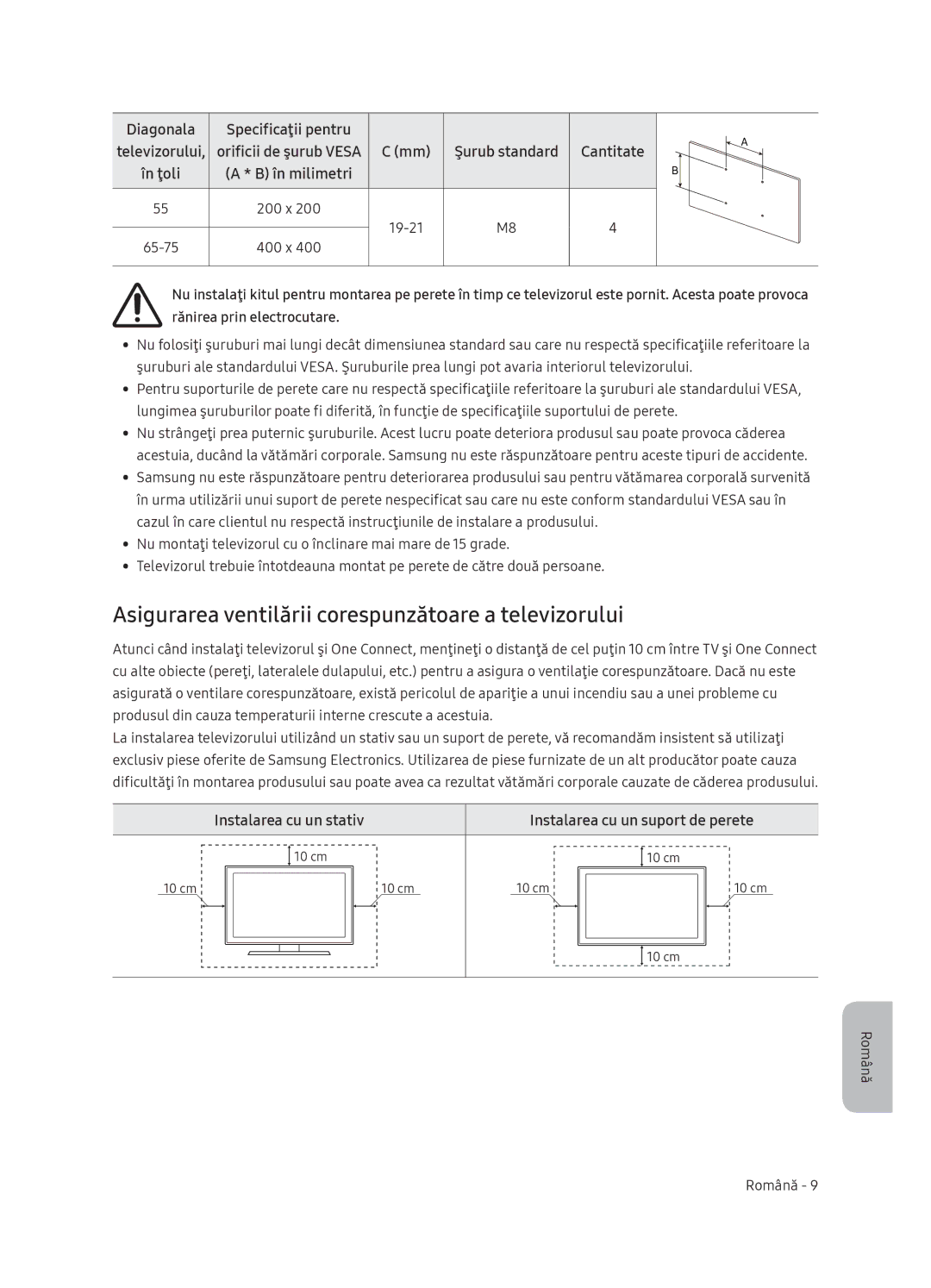 Samsung QE65Q9FNATXXH manual Asigurarea ventilării corespunzătoare a televizorului, În ţoli, Instalarea cu un stativ 