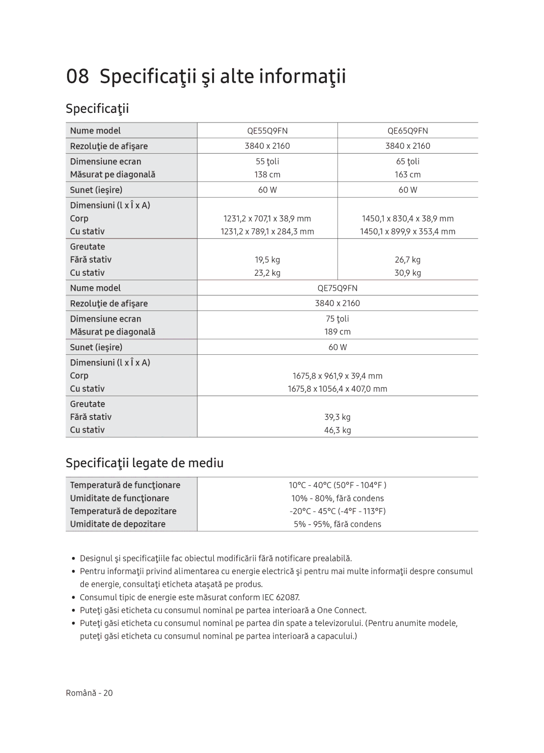 Samsung QE75Q9FNATXXH, QE55Q9FNATXXH, QE65Q9FNATXXH manual Specificaţii şi alte informaţii, Specificaţii legate de mediu 