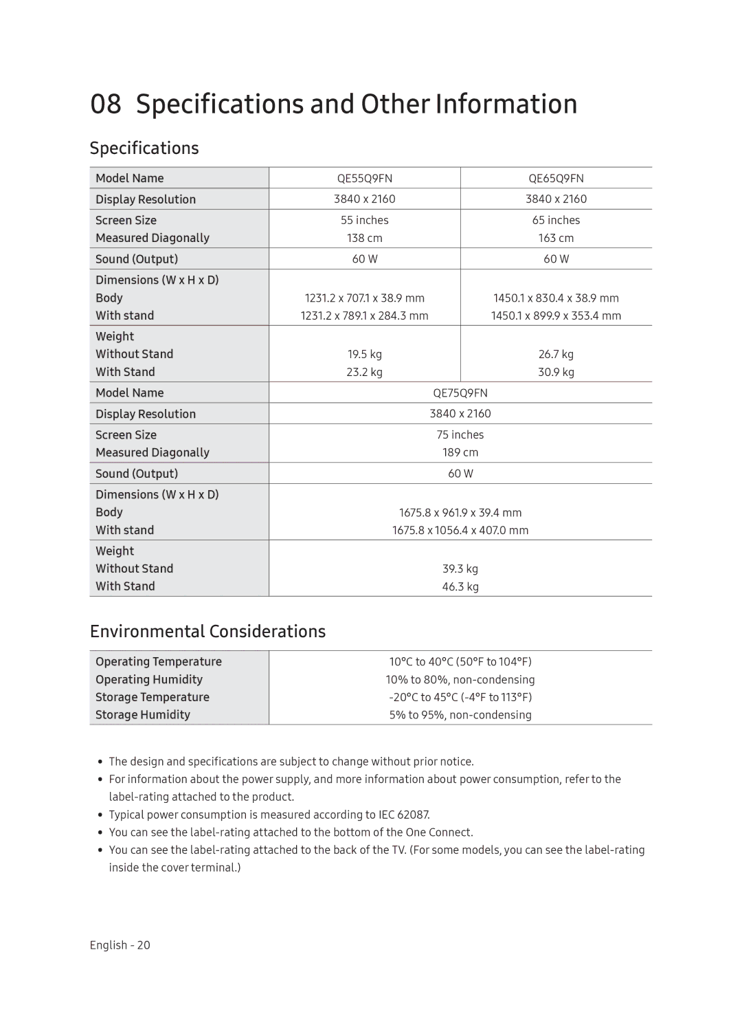 Samsung QE65Q9FNATXXH, QE55Q9FNATXXH, QE75Q9FNATXXH manual Specifications and Other Information, Environmental Considerations 