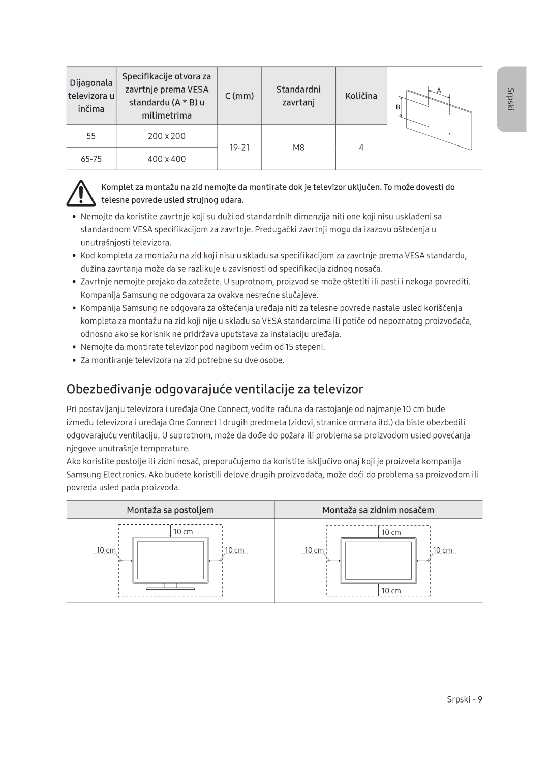 Samsung QE55Q9FNATXXH Obezbeđivanje odgovarajuće ventilacije za televizor, Montaža sa postoljem Montaža sa zidnim nosačem 