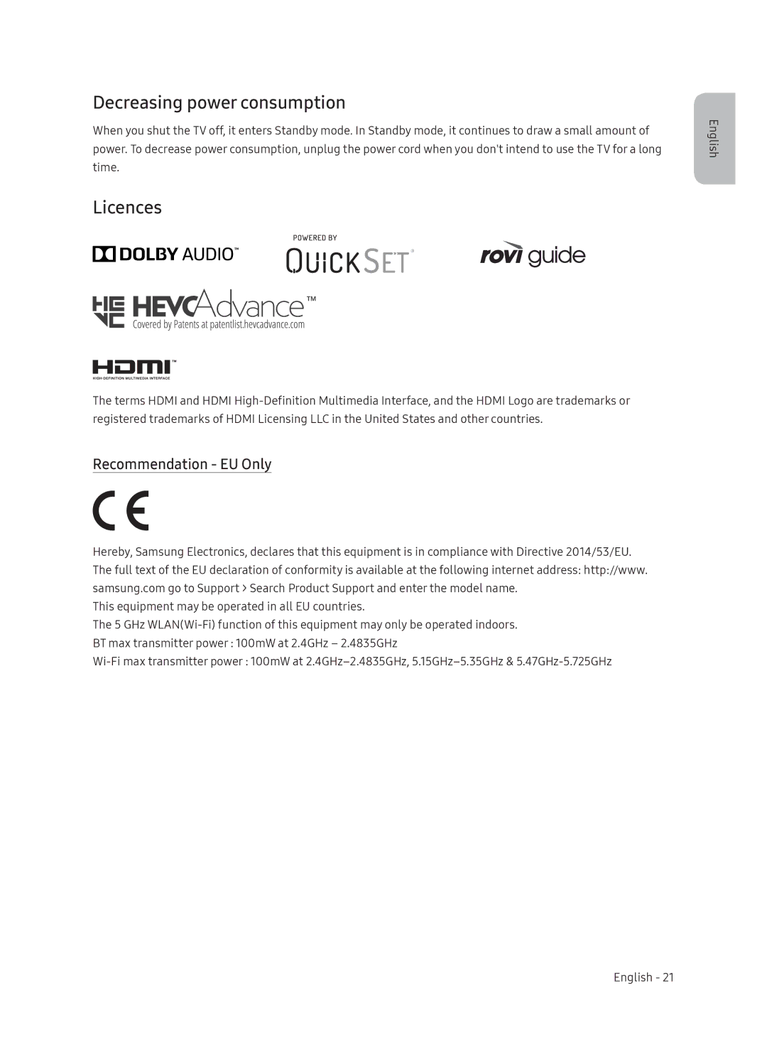 Samsung QE55Q9FNATXXH, QE75Q9FNATXXH, QE65Q9FNATXXH manual Decreasing power consumption, Licences, Recommendation EU Only 