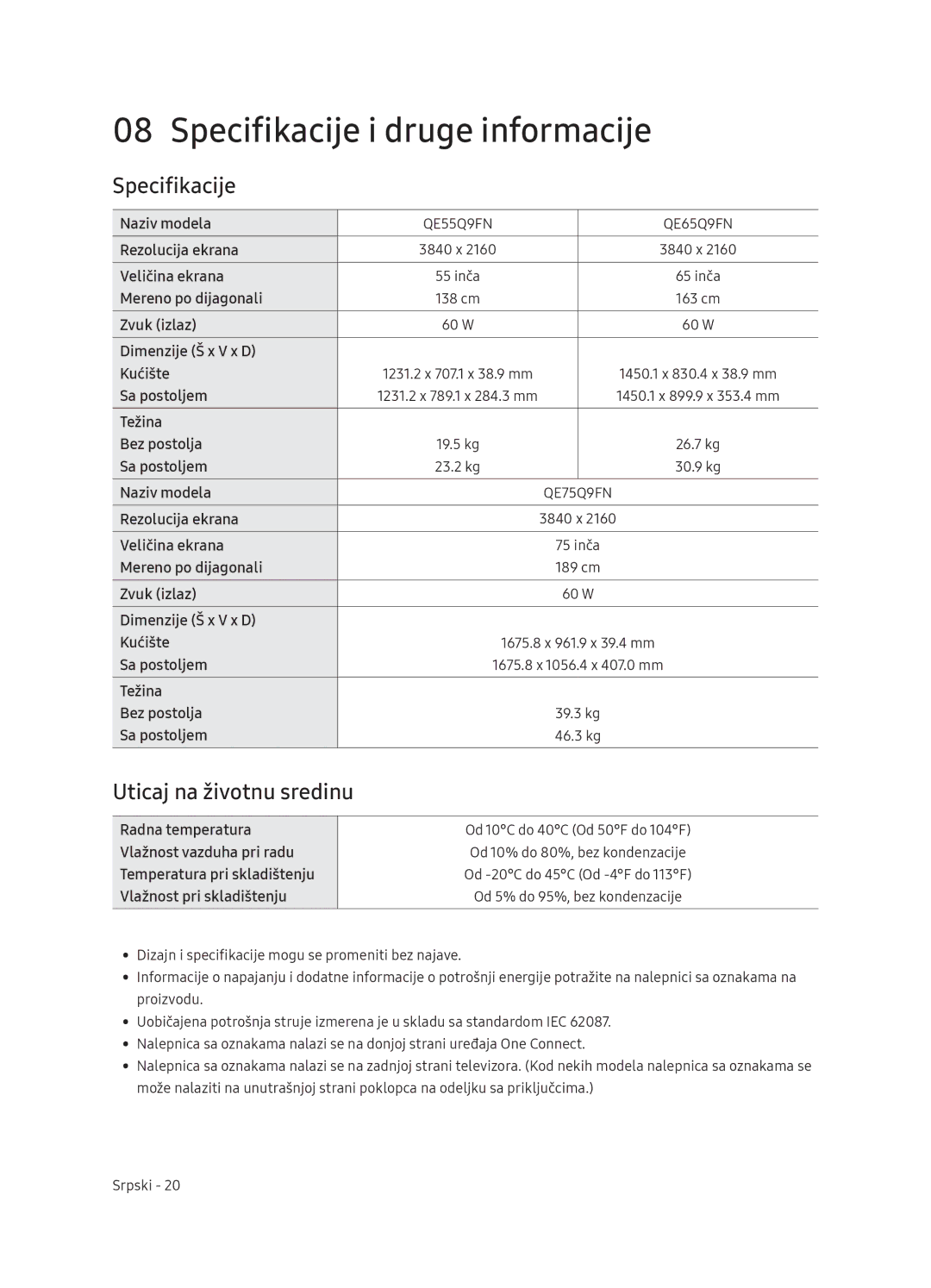 Samsung QE65Q9FNATXXH, QE55Q9FNATXXH, QE75Q9FNATXXH manual Specifikacije i druge informacije, Uticaj na životnu sredinu 