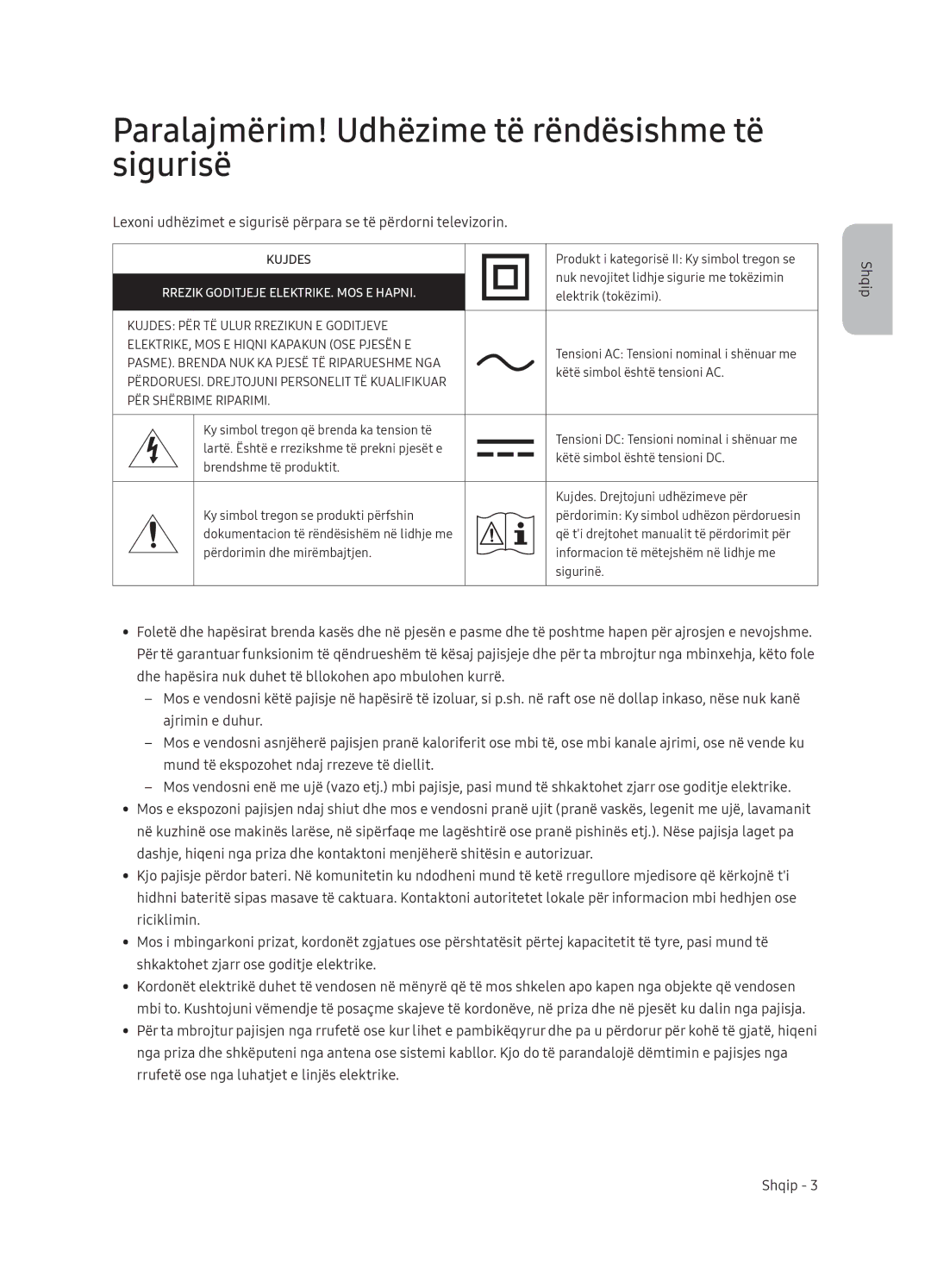 Samsung QE75Q9FNATXXH manual Paralajmërim! Udhëzime të rëndësishme të sigurisë, Rrezik Goditjeje ELEKTRIKE. MOS E Hapni 