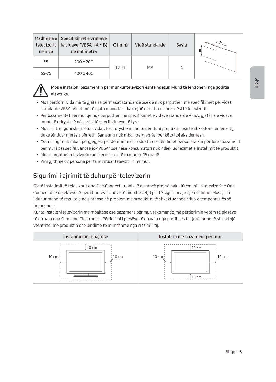 Samsung QE75Q9FNATXXH manual Sigurimi i ajrimit të duhur për televizorin, Madhësia e Specifikimet e vrimave, Elektrike 