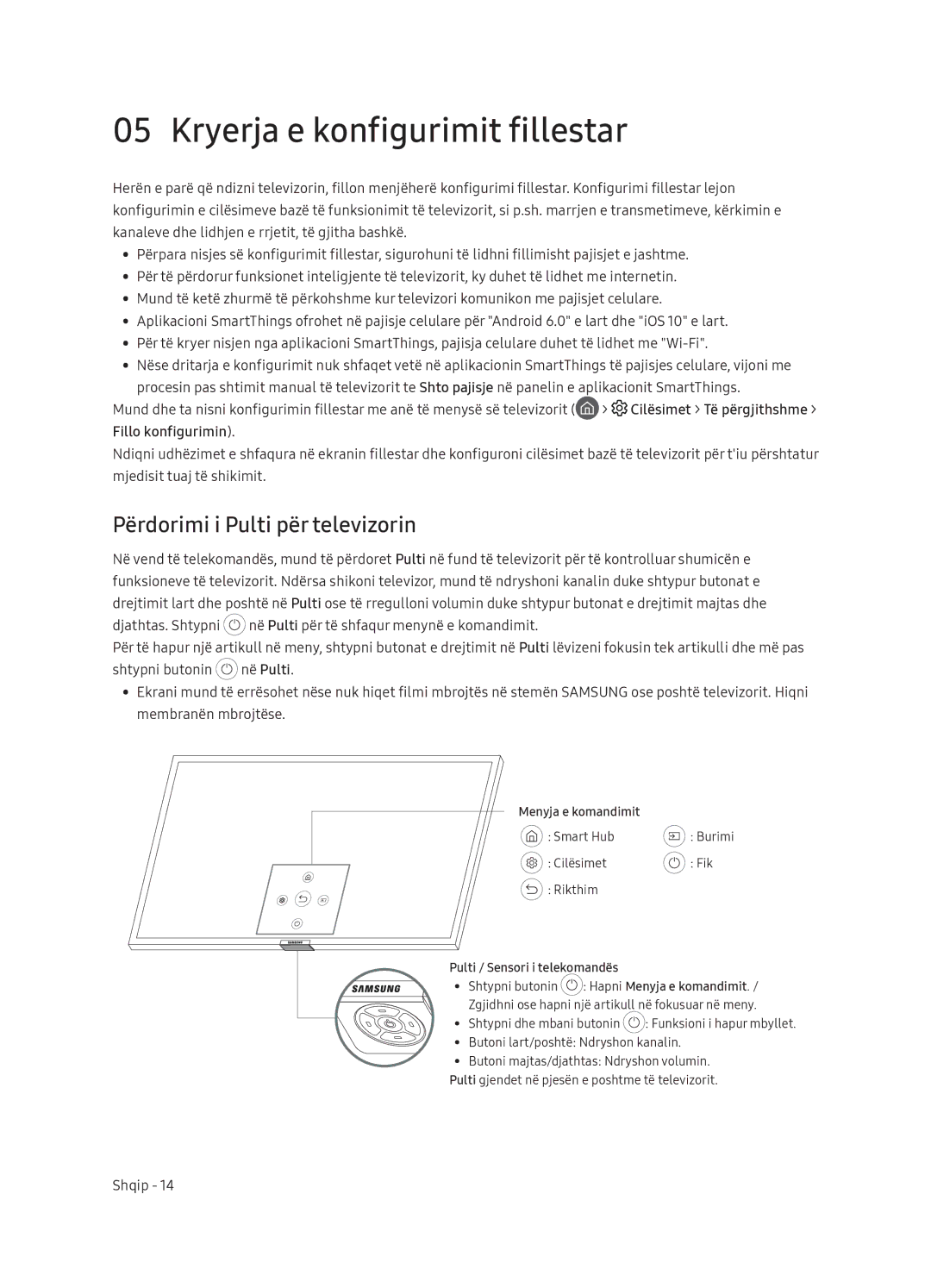 Samsung QE55Q9FNATXXH manual Kryerja e konfigurimit fillestar, Përdorimi i Pulti për televizorin, Fillo konfigurimin 