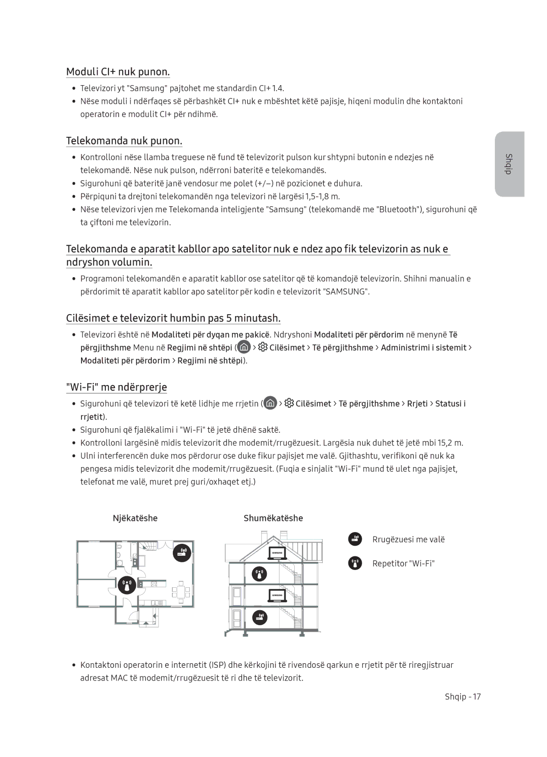 Samsung QE55Q9FNATXXH manual Moduli CI+ nuk punon, Telekomanda nuk punon, Cilësimet e televizorit humbin pas 5 minutash 