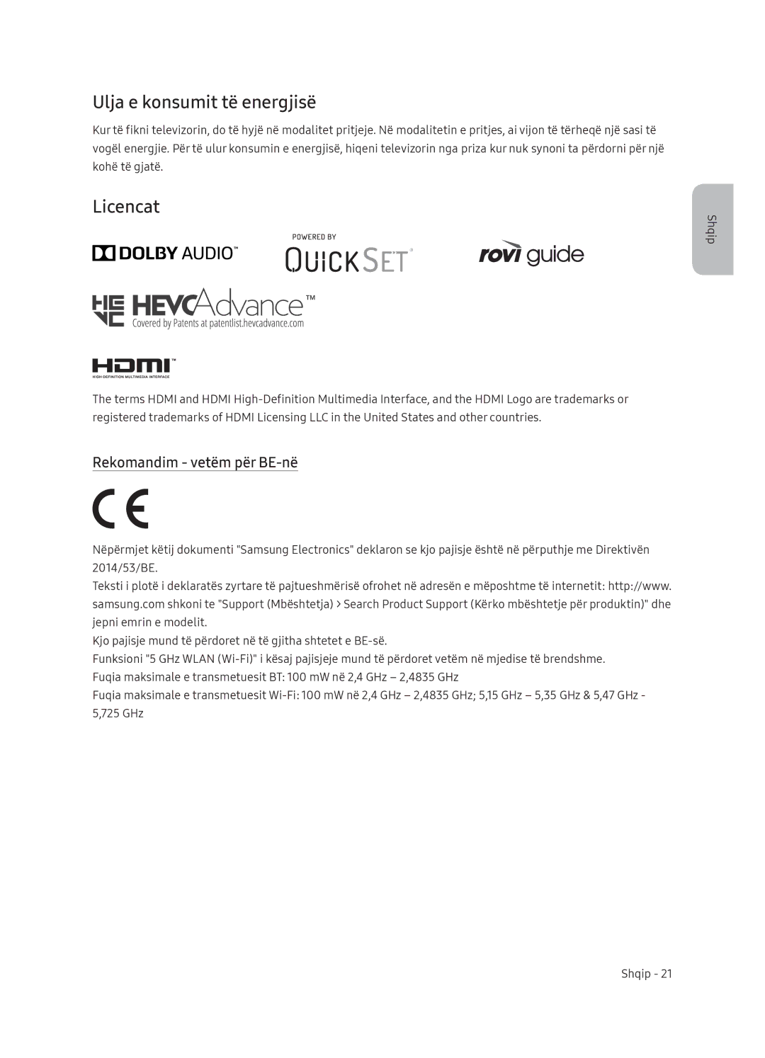 Samsung QE75Q9FNATXXH, QE55Q9FNATXXH, QE65Q9FNATXXH manual Ulja e konsumit të energjisë, Licencat, Rekomandim vetëm për BE-në 