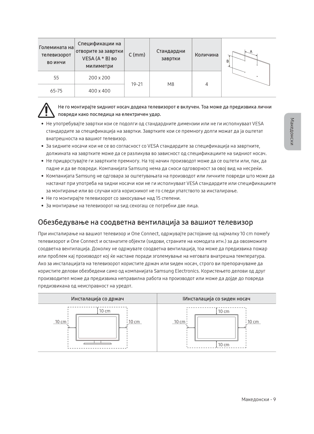 Samsung QE65Q9FNATXXH, QE55Q9FNATXXH, QE75Q9FNATXXH manual Обезбедување на соодветна вентилација за вашиот телевизор 