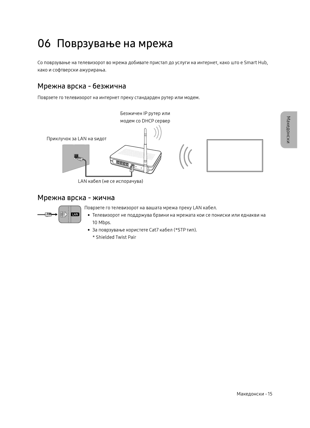 Samsung QE65Q9FNATXXH, QE55Q9FNATXXH, QE75Q9FNATXXH manual 06 Поврзување на мрежа, Мрежна врска безжична, Мрежна врска жична 