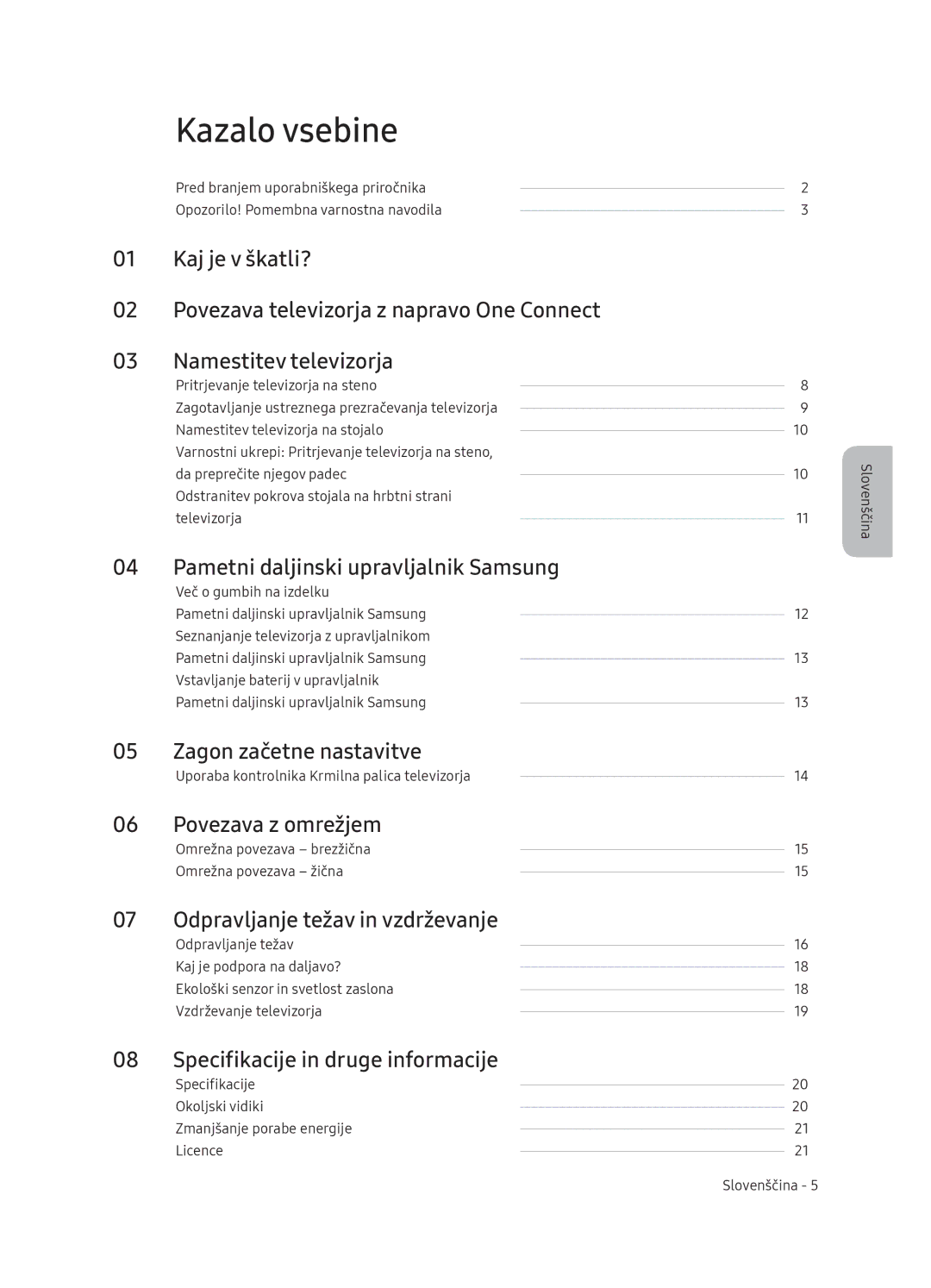 Samsung QE65Q9FNATXXH, QE55Q9FNATXXH manual Kazalo vsebine, Pametni daljinski upravljalnik Samsung, Zagon začetne nastavitve 