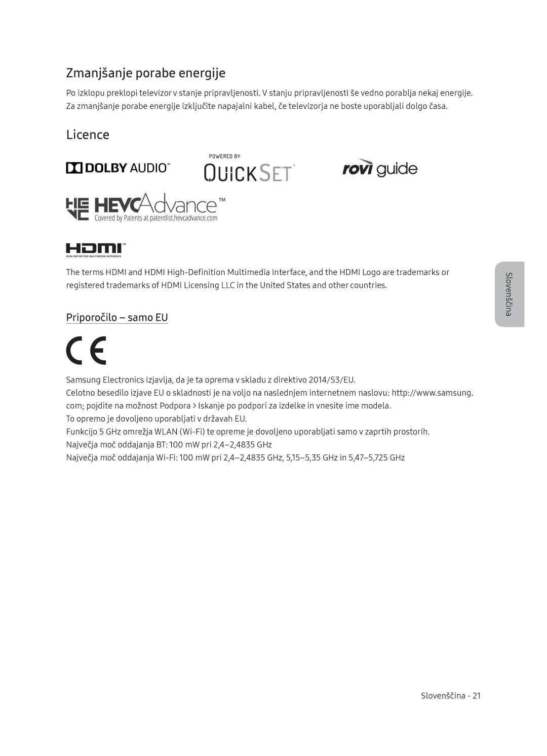 Samsung QE55Q9FNATXXH, QE75Q9FNATXXH, QE65Q9FNATXXH manual Zmanjšanje porabe energije, Priporočilo samo EU 