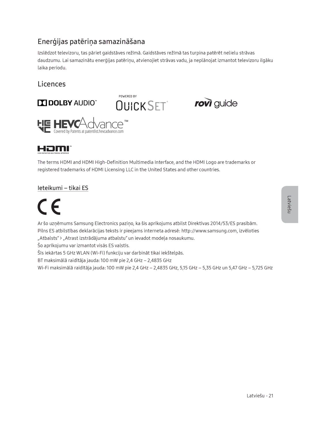 Samsung QE75Q9FNATXXH, QE55Q9FNATXXH, QE65Q9FNATXXH manual Enerģijas patēriņa samazināšana, Ieteikumi tikai ES 