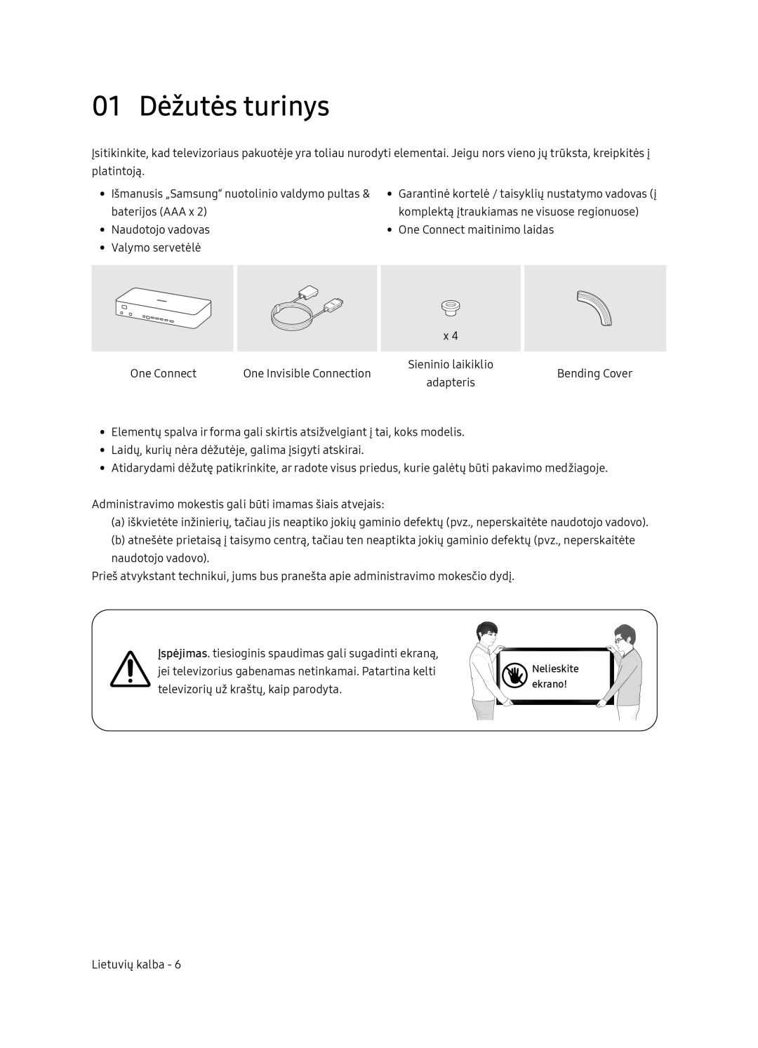 Samsung QE65Q9FNATXXH, QE55Q9FNATXXH, QE75Q9FNATXXH manual 01 Dėžutės turinys, Ekrano 