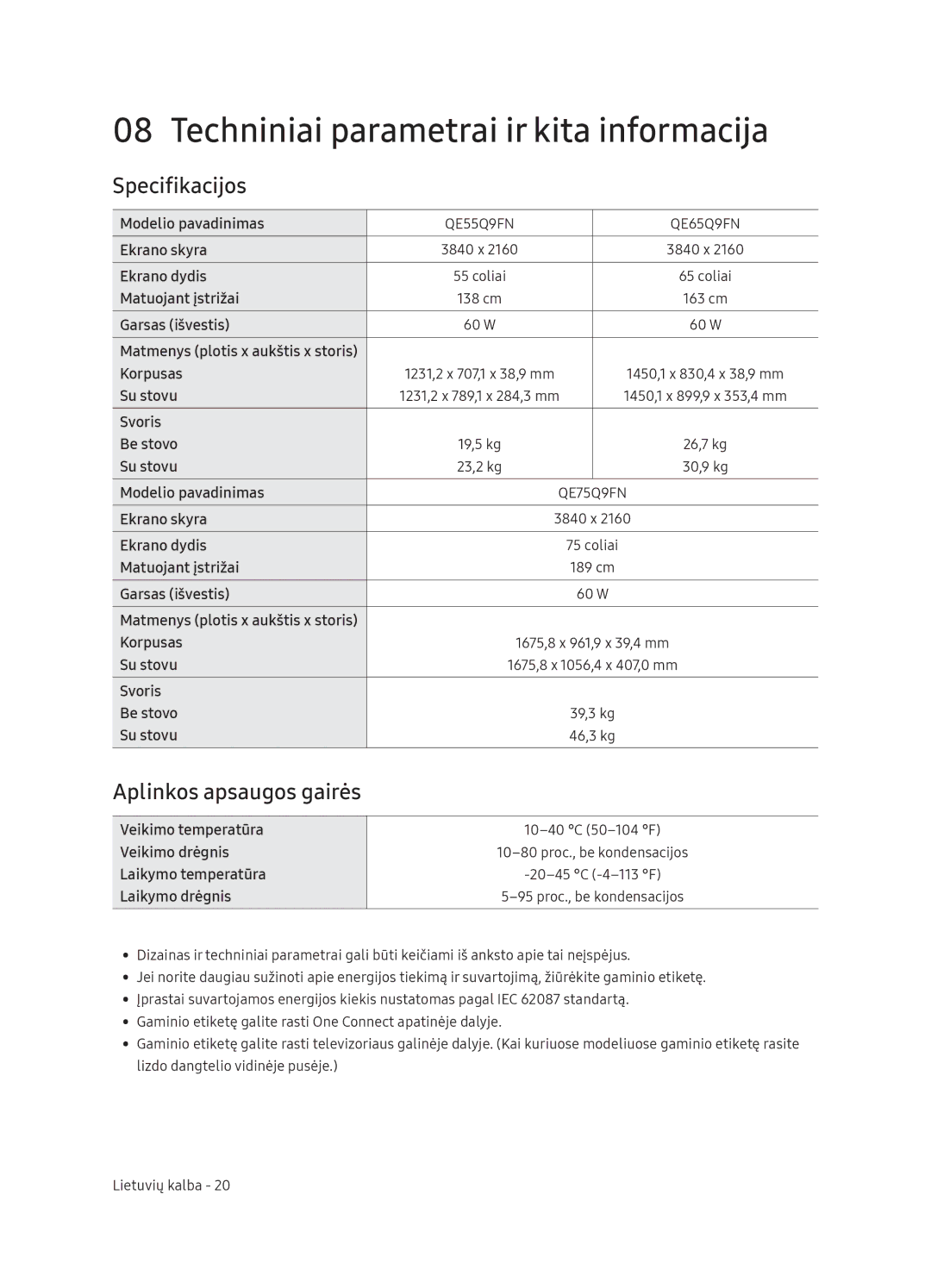 Samsung QE75Q9FNATXXH, QE55Q9FNATXXH Techniniai parametrai ir kita informacija, Specifikacijos, Aplinkos apsaugos gairės 