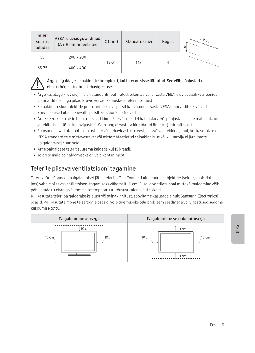 Samsung QE55Q9FNATXXH manual Telerile piisava ventilatsiooni tagamine, Paigaldamine alusega Paigaldamine seinakinnitusega 