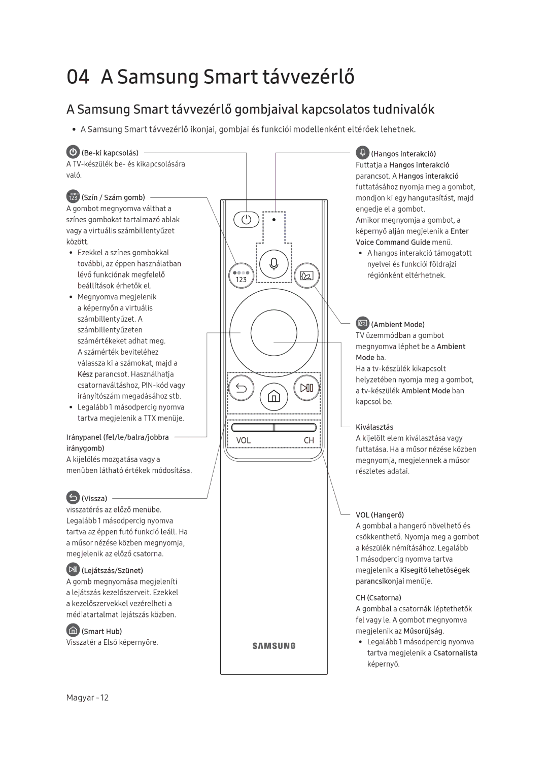 Samsung QE75Q9FNATXXH, QE55Q9FNATXXH, QE65Q9FNATXXH manual Samsung Smart távvezérlő gombjaival kapcsolatos tudnivalók 