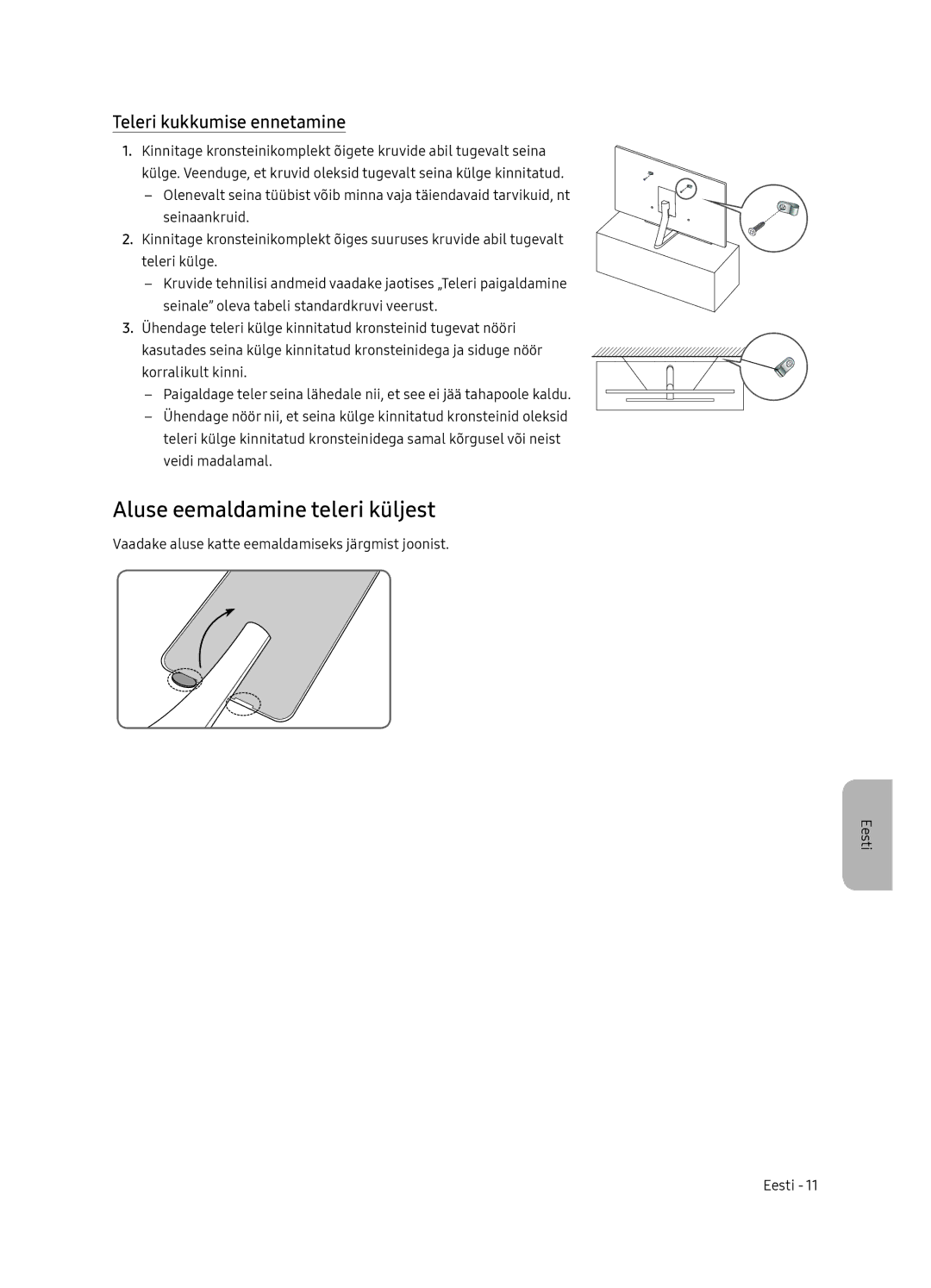 Samsung QE65Q9FNATXXH, QE55Q9FNATXXH, QE75Q9FNATXXH manual Aluse eemaldamine teleri küljest, Teleri kukkumise ennetamine 