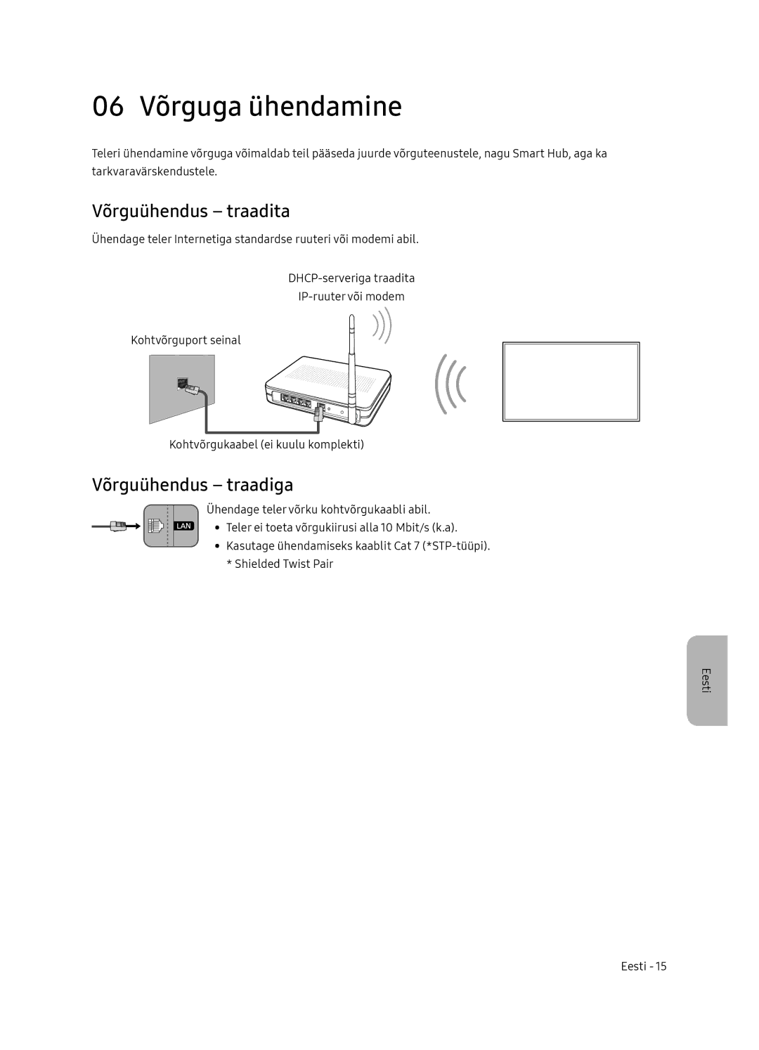 Samsung QE55Q9FNATXXH, QE75Q9FNATXXH, QE65Q9FNATXXH 06 Võrguga ühendamine, Võrguühendus traadita, Võrguühendus traadiga 