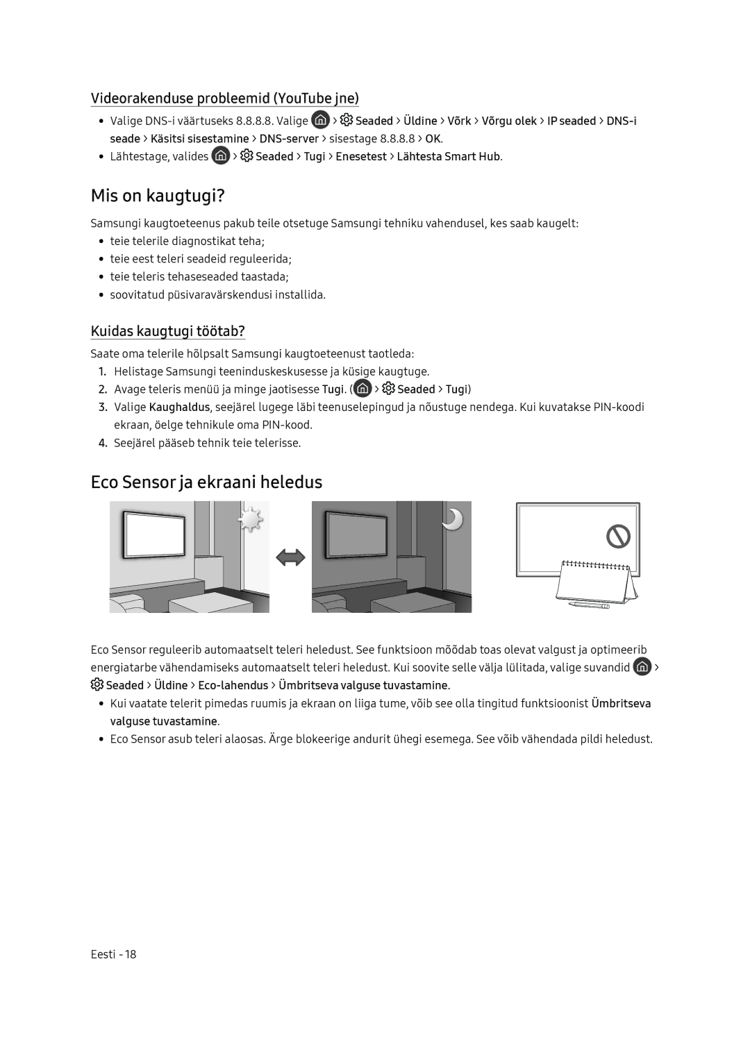 Samsung QE55Q9FNATXXH manual Mis on kaugtugi?, Eco Sensor ja ekraani heledus, Videorakenduse probleemid YouTube jne 