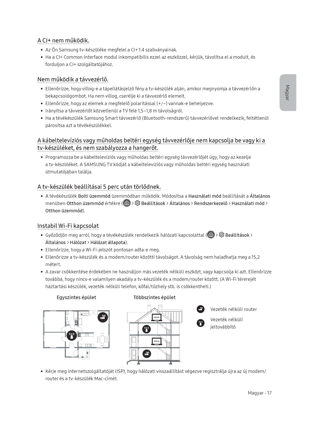 Samsung QE55Q9FNATXXH manual CI+ nem működik, Nem működik a távvezérlő, Tv-készülék beállításai 5 perc után törlődnek 