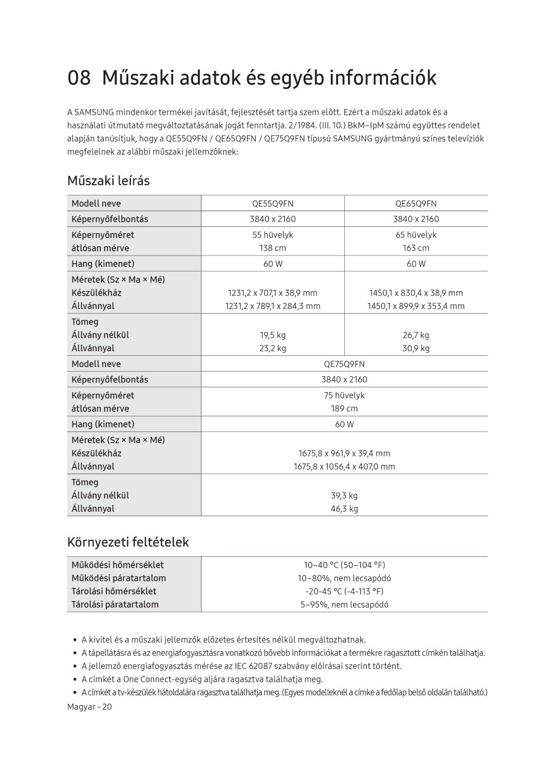 Samsung QE55Q9FNATXXH, QE75Q9FNATXXH manual 08 Műszaki adatok és egyéb információk, Műszaki leírás, Környezeti feltételek 