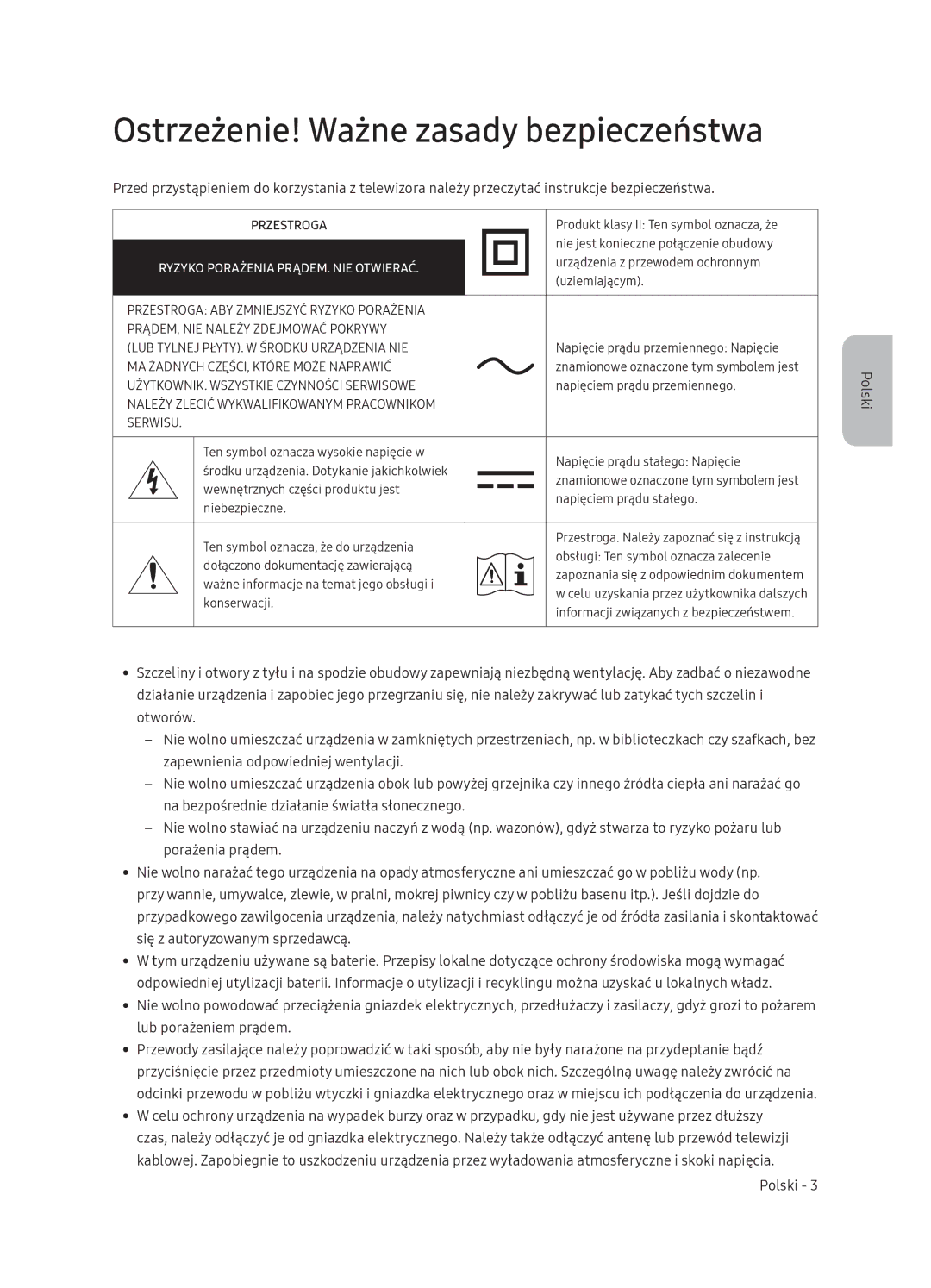 Samsung QE65Q9FNATXXH, QE55Q9FNATXXH manual Ostrzeżenie! Ważne zasady bezpieczeństwa, Ryzyko Porażenia PRĄDEM. NIE Otwierać 