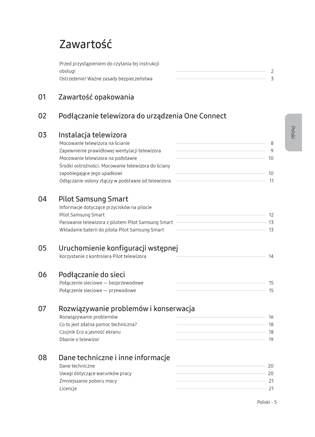 Samsung QE75Q9FNATXXH manual Zawartość, Pilot Samsung Smart, Uruchomienie konfiguracji wstępnej, Podłączanie do sieci 