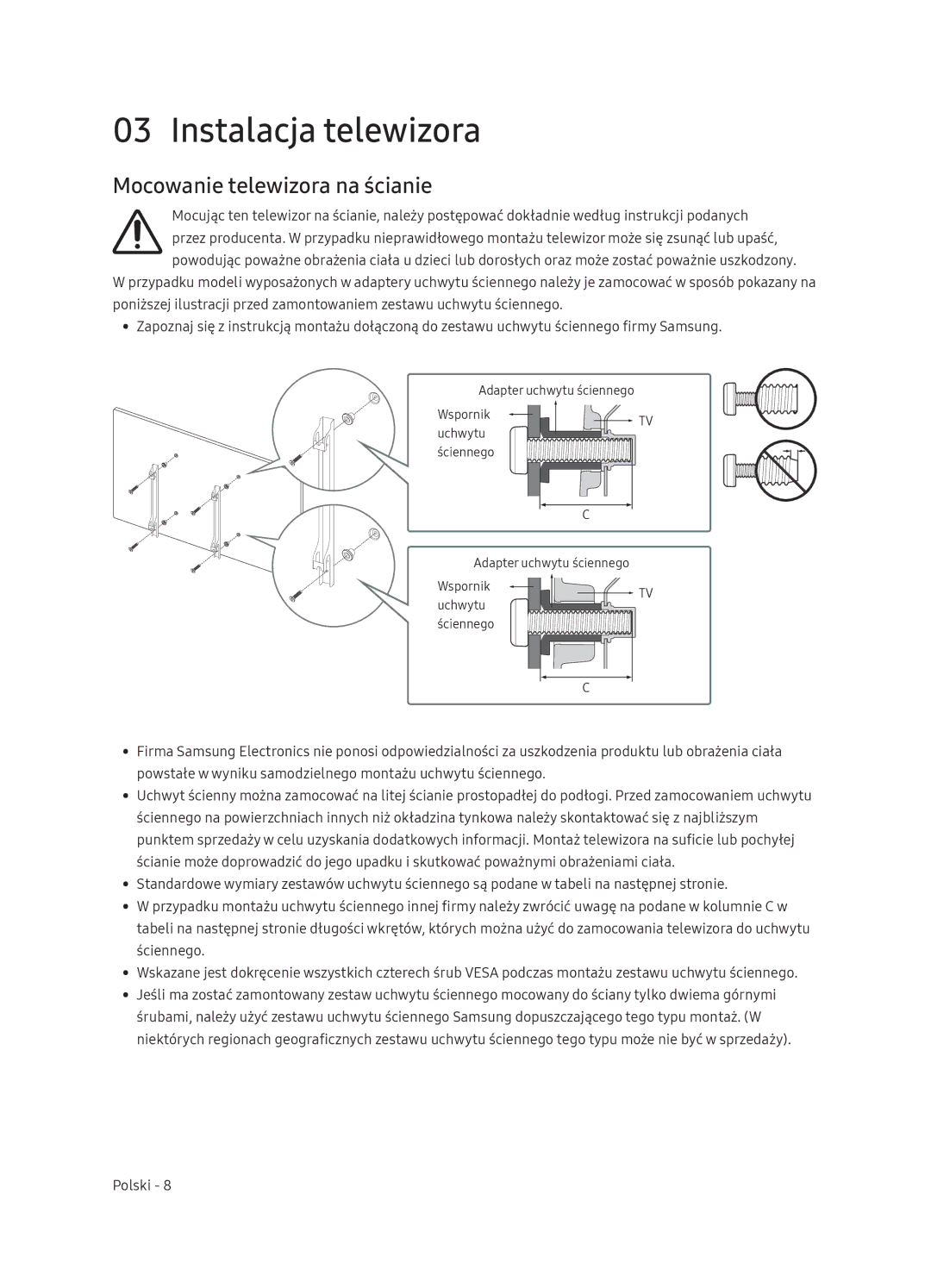 Samsung QE75Q9FNATXXH, QE55Q9FNATXXH, QE65Q9FNATXXH manual Instalacja telewizora, Mocowanie telewizora na ścianie 
