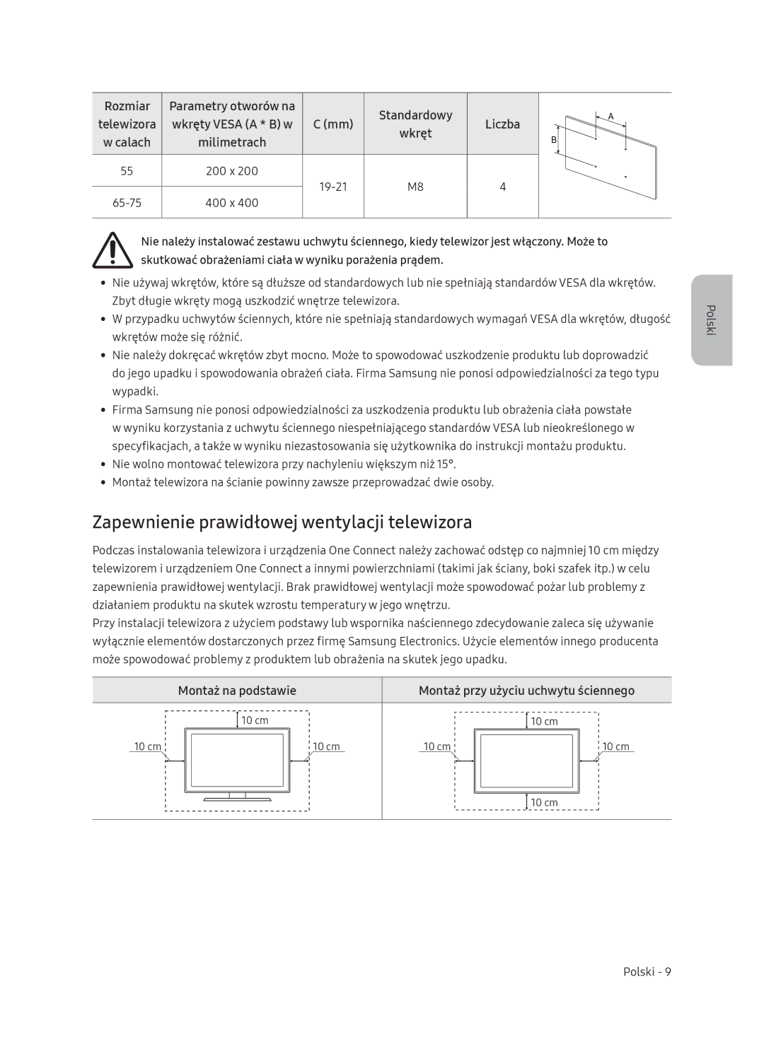 Samsung QE65Q9FNATXXH, QE55Q9FNATXXH, QE75Q9FNATXXH manual Zapewnienie prawidłowej wentylacji telewizora, Montaż na podstawie 