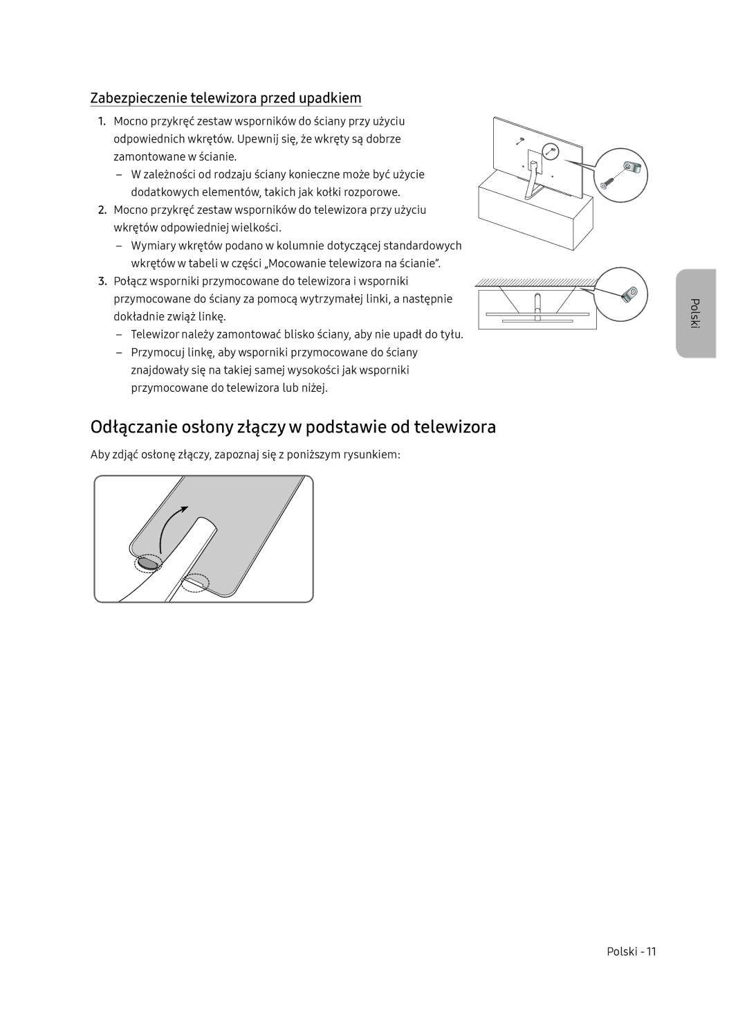 Samsung QE75Q9FNATXXH manual Odłączanie osłony złączy w podstawie od telewizora, Zabezpieczenie telewizora przed upadkiem 