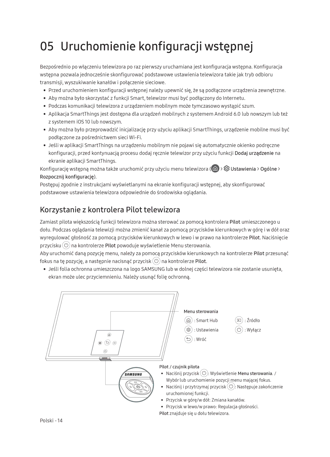 Samsung QE75Q9FNATXXH, QE55Q9FNATXXH manual Uruchomienie konfiguracji wstępnej, Korzystanie z kontrolera Pilot telewizora 