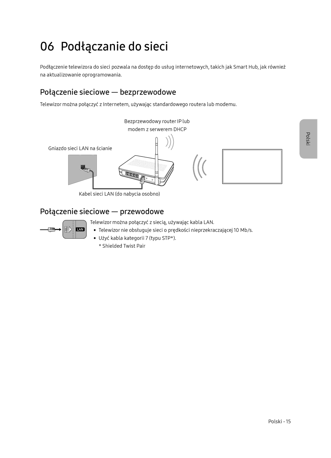 Samsung QE65Q9FNATXXH manual 06 Podłączanie do sieci, Połączenie sieciowe bezprzewodowe, Połączenie sieciowe przewodowe 