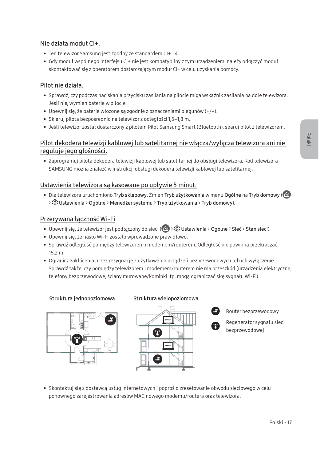 Samsung QE75Q9FNATXXH manual Nie działa moduł CI+, Pilot nie działa, Ustawienia telewizora są kasowane po upływie 5 minut 