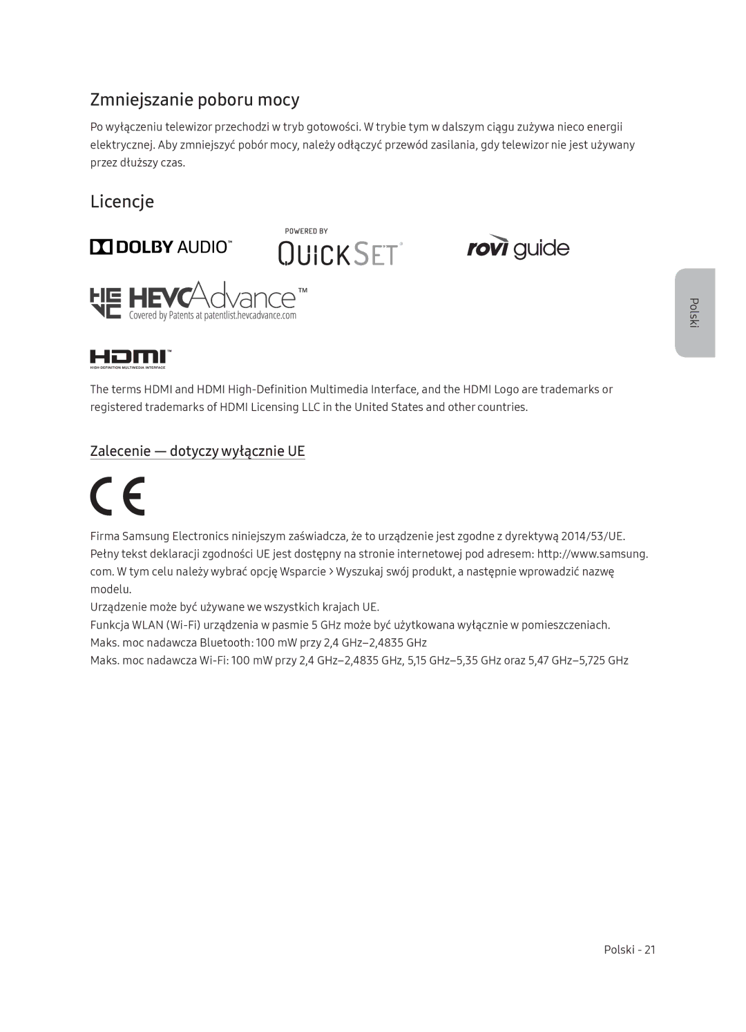 Samsung QE65Q9FNATXXH, QE55Q9FNATXXH, QE75Q9FNATXXH manual Zmniejszanie poboru mocy, Licencje, Zalecenie dotyczy wyłącznie UE 