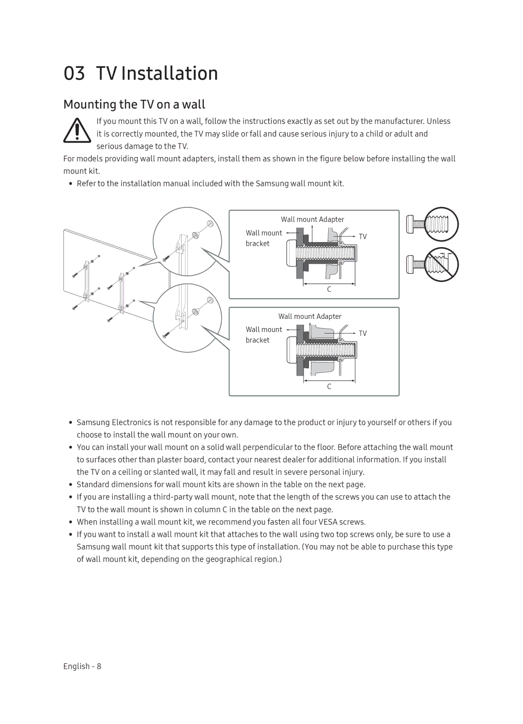 Samsung QE65Q9FNATXXH, QE55Q9FNATXXH, QE75Q9FNATXXH manual TV Installation, Mounting the TV on a wall 